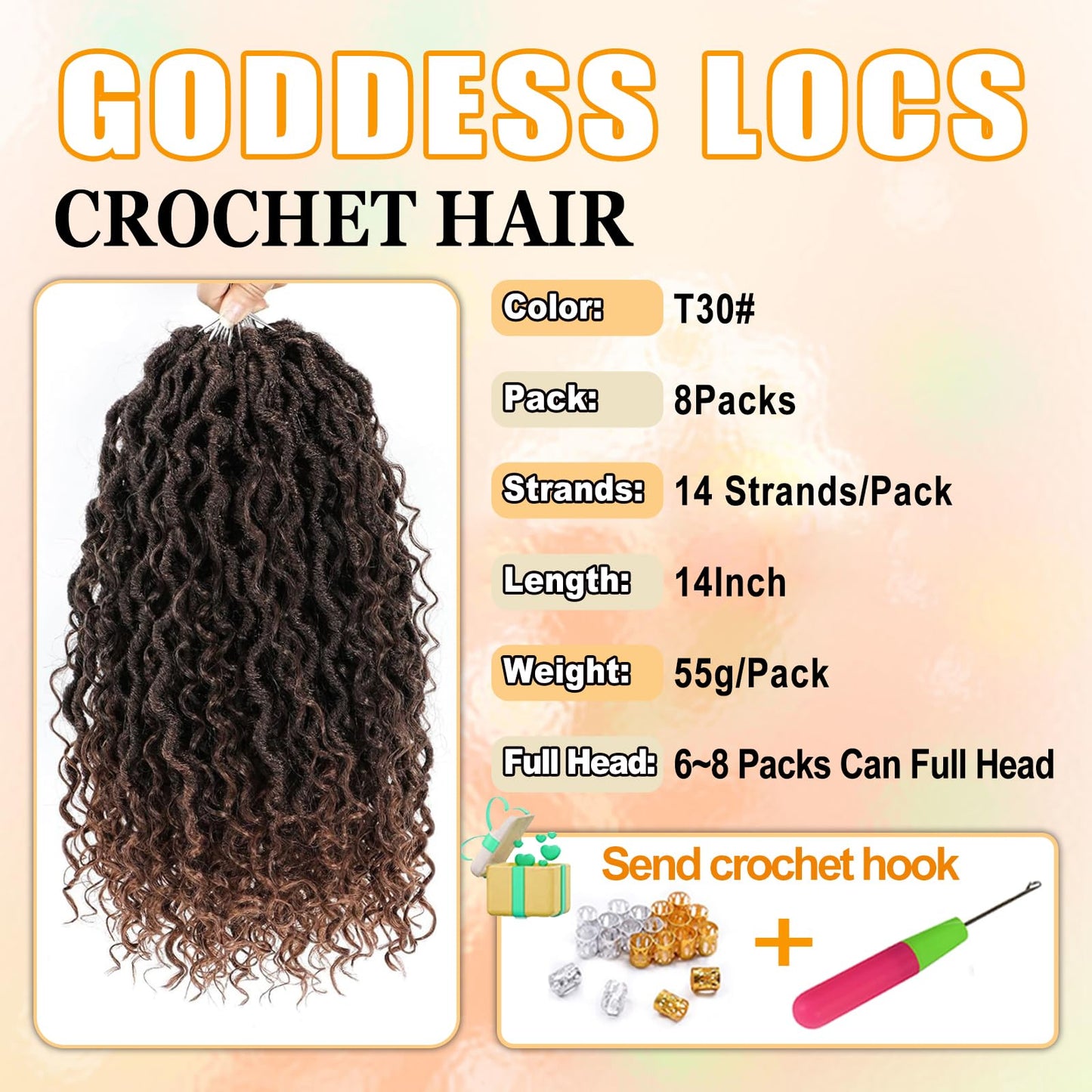 AMLUCKS 8 Packs Goddess Locs Crochet Hair Pre-Looped Boho Faux Locs Messy River Bohemian Crochet Hair for Black Women with Curly Ends (T30#, 14inch)