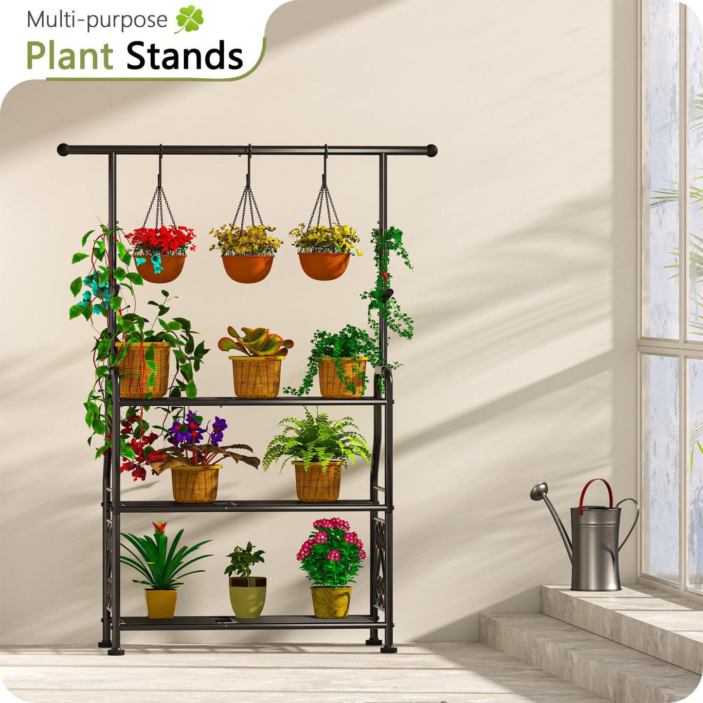 Outdoor Plant Stand 3-Tier Heavy Duty Metal Shelf for Patio & Indoor Use - Holds 14+ Plants with 5 Hooks, Rust-Proof Plant Holder for Garden, Balcony, Living Room, Black