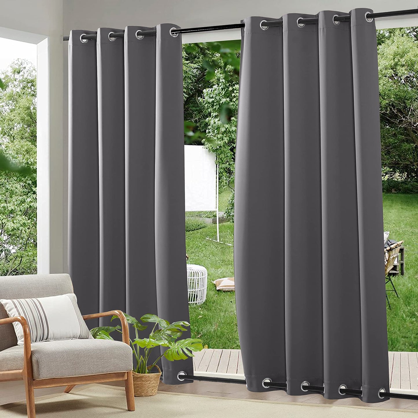 RYB HOME 2 Panels Outdoor Curtains Weighted Windproof Curtains Blackout Waterproof Panels Block Sun & Heat Outdoor Divider for Patio Area Pergola Lanai, Grey, 52 inch Wide x 96 inch Long