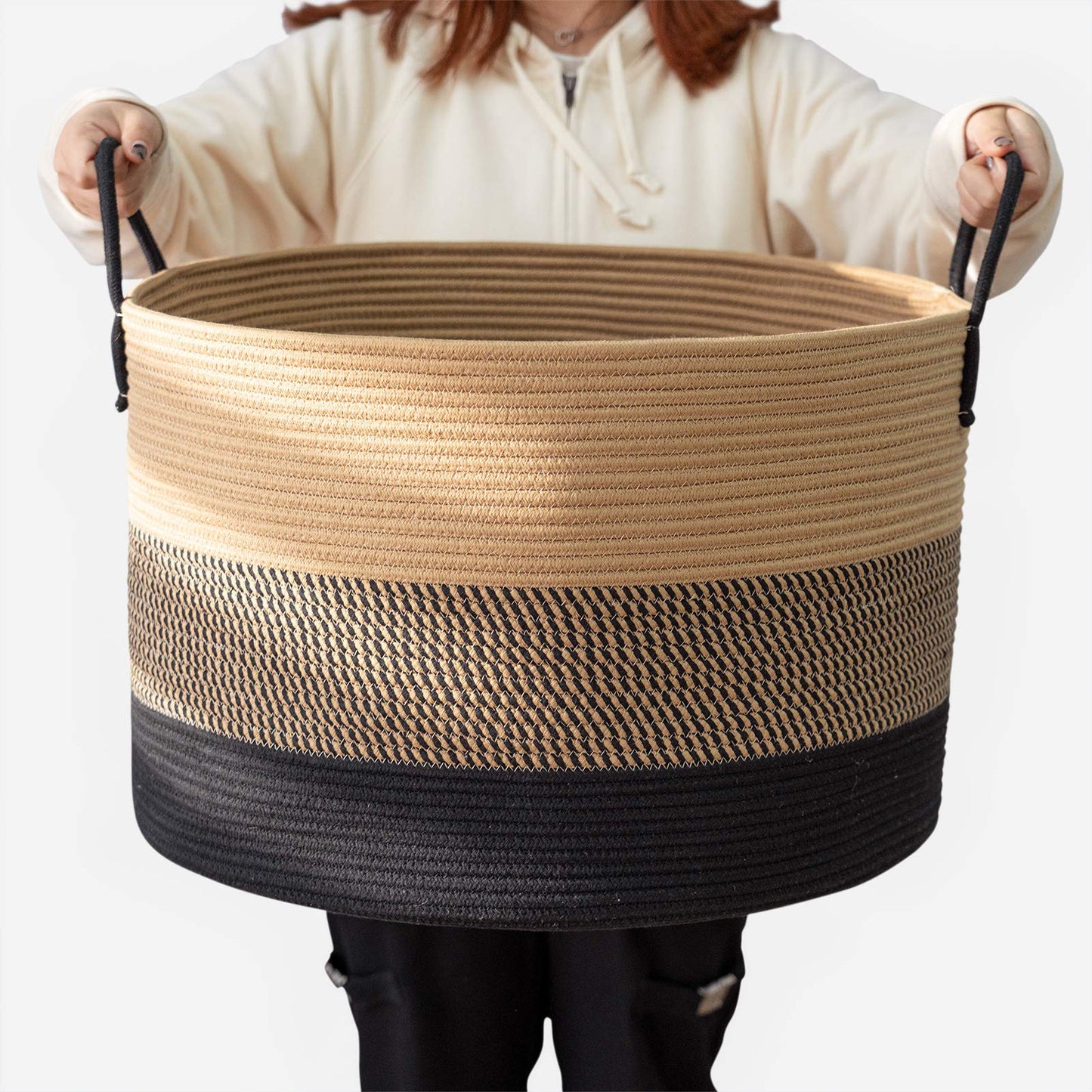 Goodpick XXXLarge Cotton Rope Basket, 21" x 14", Woven Blanket Storage Basket for Living Room Laundry Basket for Pillows Toys Clothes Hamper Wicker Basket with Handles, Black Jute Stripes