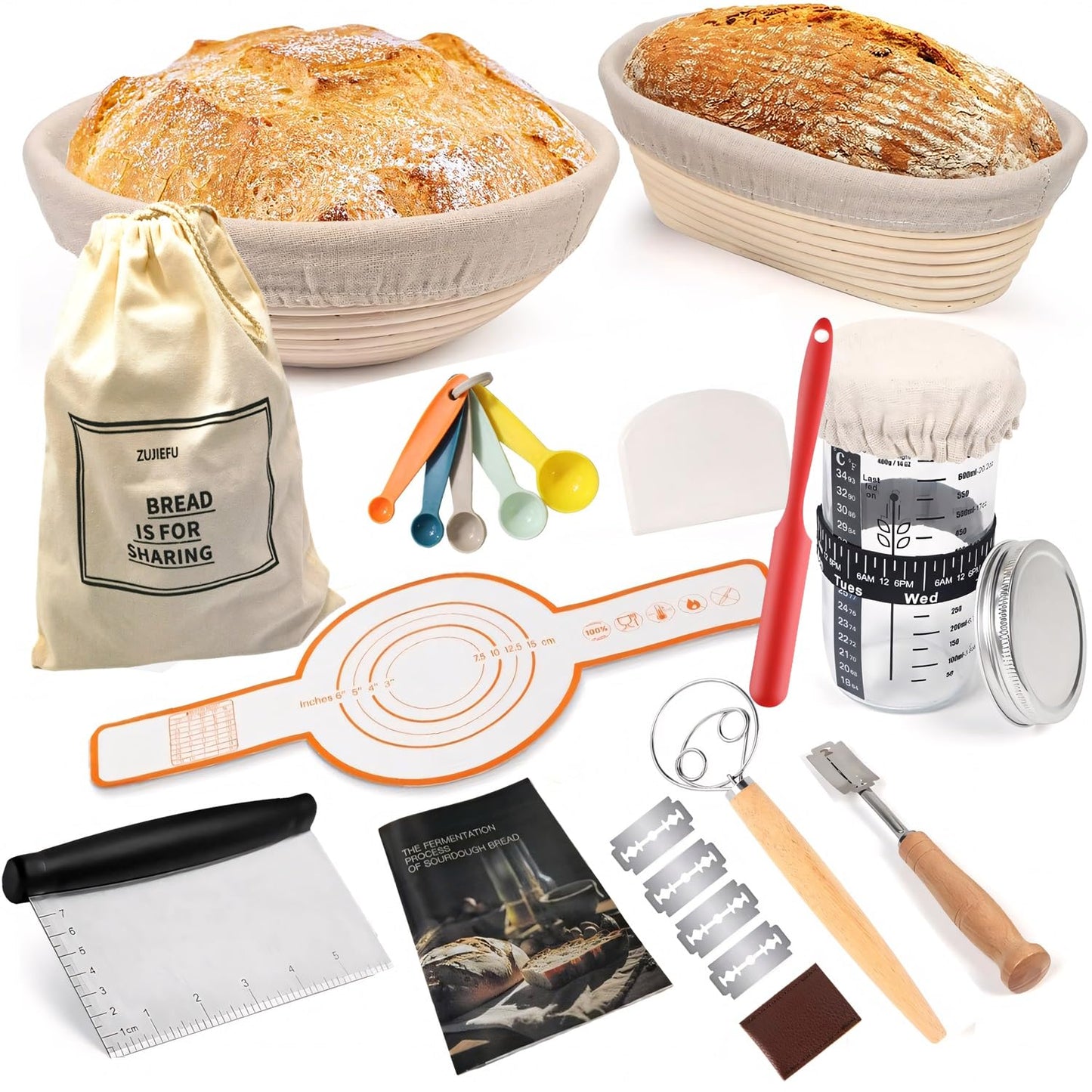 Sourdough Starter Kit,Proofing Basket of two,9 in Round &10 in Oval Banneton proofing Basket set with Silicone Bread Sling, Dough Scrapers, lame,Sourdough Jar,Perfect Bread Making Kit