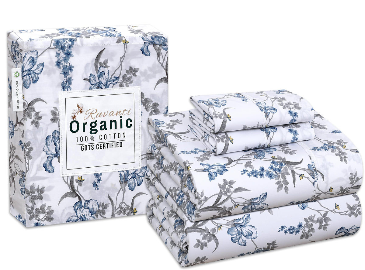 RUVANTI 100% Organic Cotton Sheets - Queen Sheet Set - 4 Piece Percale Weave Bedding, Crisp, Cooling & Breathable, Soft & Durable, 16" Deep Pocket, Hotel Quality Sábanas - Deluxe