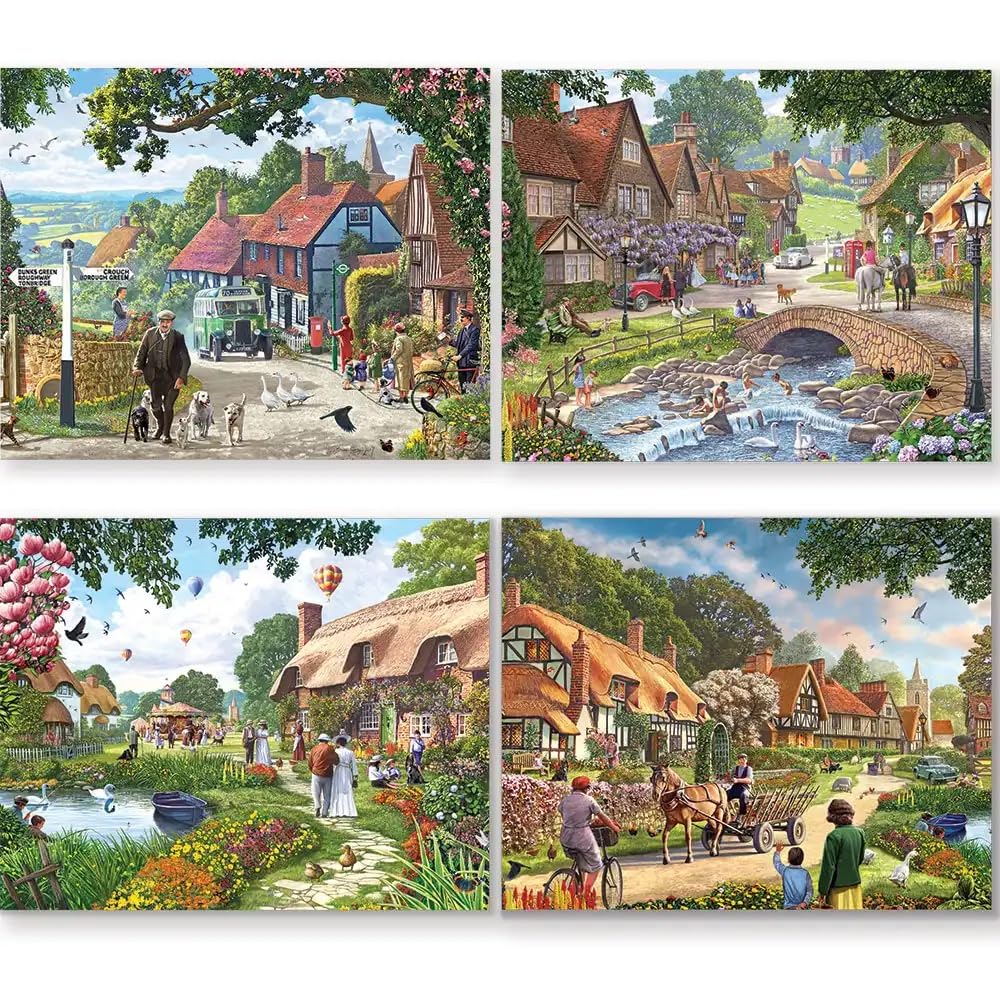 Bits and Pieces - 4-in-1 Multi-Pack - 1000 Piece Jigsaw Puzzles for Adults-Each Measures 20" x 27" (51cm x 69cm)-Village Life by Artist Steve Crisp