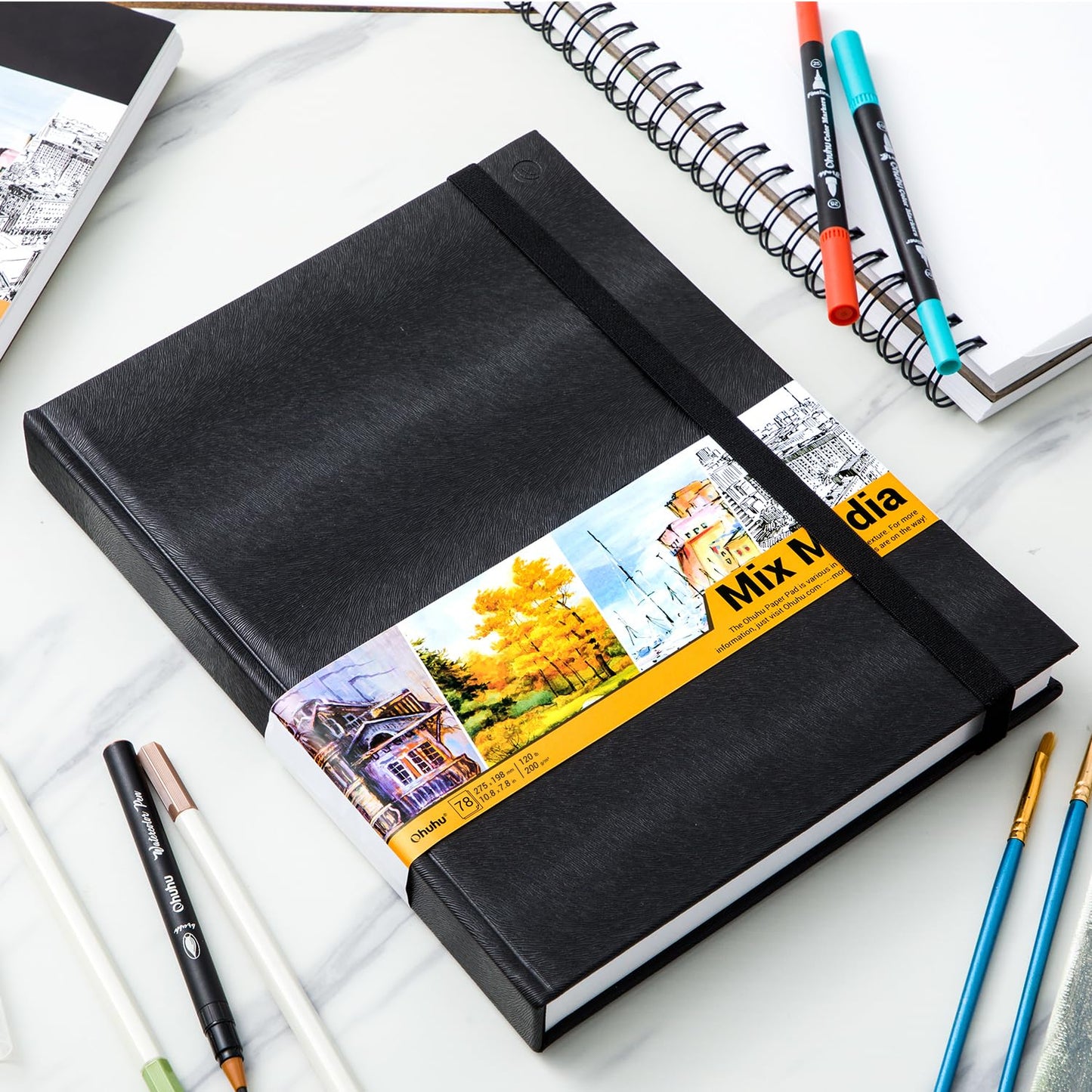 Mix Media Sketchbook, Ohuhu 10.8"×8.3" Mixed Media Art Sketchbook, 120 LB/200 GSM Heavyweight Papers, 78 Sheets/156 Pages, PU Hardcover Mixed Media Paper Pad for Acrylic, Painting, Christmas Gift