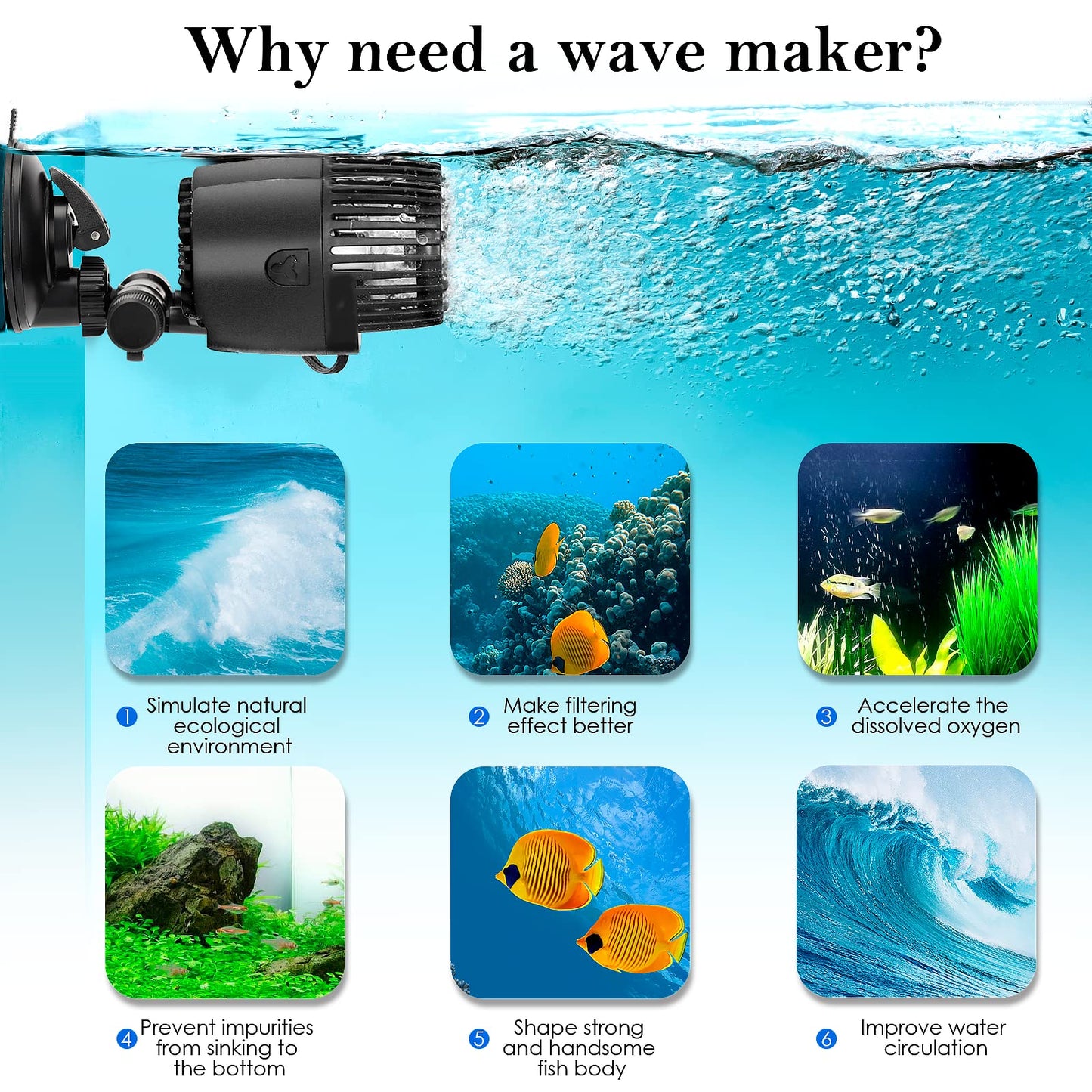 AQQA Aquarium Wave Maker,8W/12W/20W/25W Suction Cup Fish Tank Double Powerhead Pump,110V/60Hz Ultra Quiet Submersible Circulation Pump,360°+180°Adjustable for Freshwater Saltwater (20W 4227GPH)