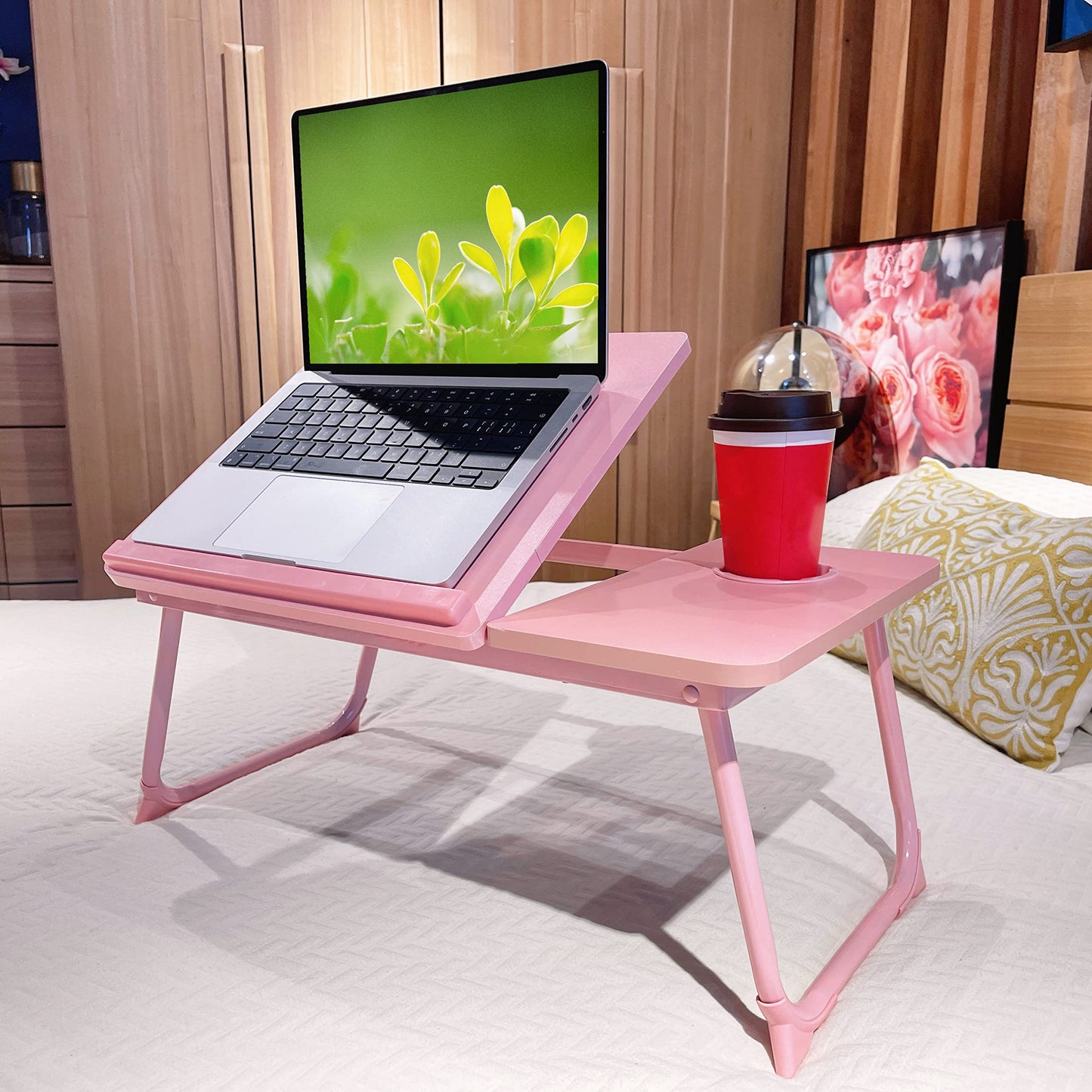CloudTrip Laptop Desk for Bed or Couch, Lap Desk, Woking in Bed Desk, Home Office Desks, Breakfast Tray, Desk with Cup Holder, Watching Movies in Bed, Laptop Stand for Bed, Fordable Legs Desk (Pink)