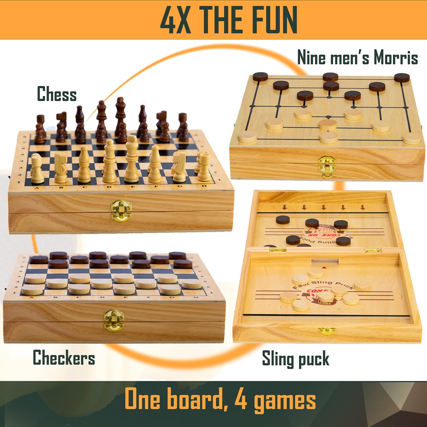 4 in 1 Board Game Set - Extra Large Sling Puck Game Wooden Chess Board Sets, Checkers Board Game for Adults Nine Mens Morris | Wooden Chess Set String Puck Game & Checkers Game for Kids