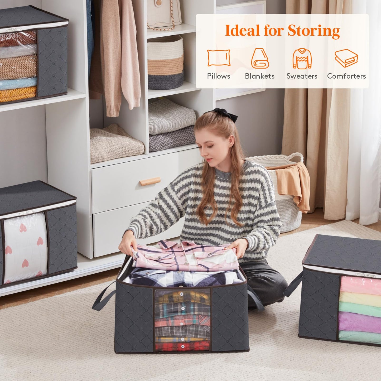 Lifewit 6 Pack Large Clothes Stoage Bags Boxes with Lids,75L Wardrobe Storage Organiser Packing Boxes for Moving House with Reinforced Handle Thick Fabric for Clothing Towel Blanket Bedding, Gray