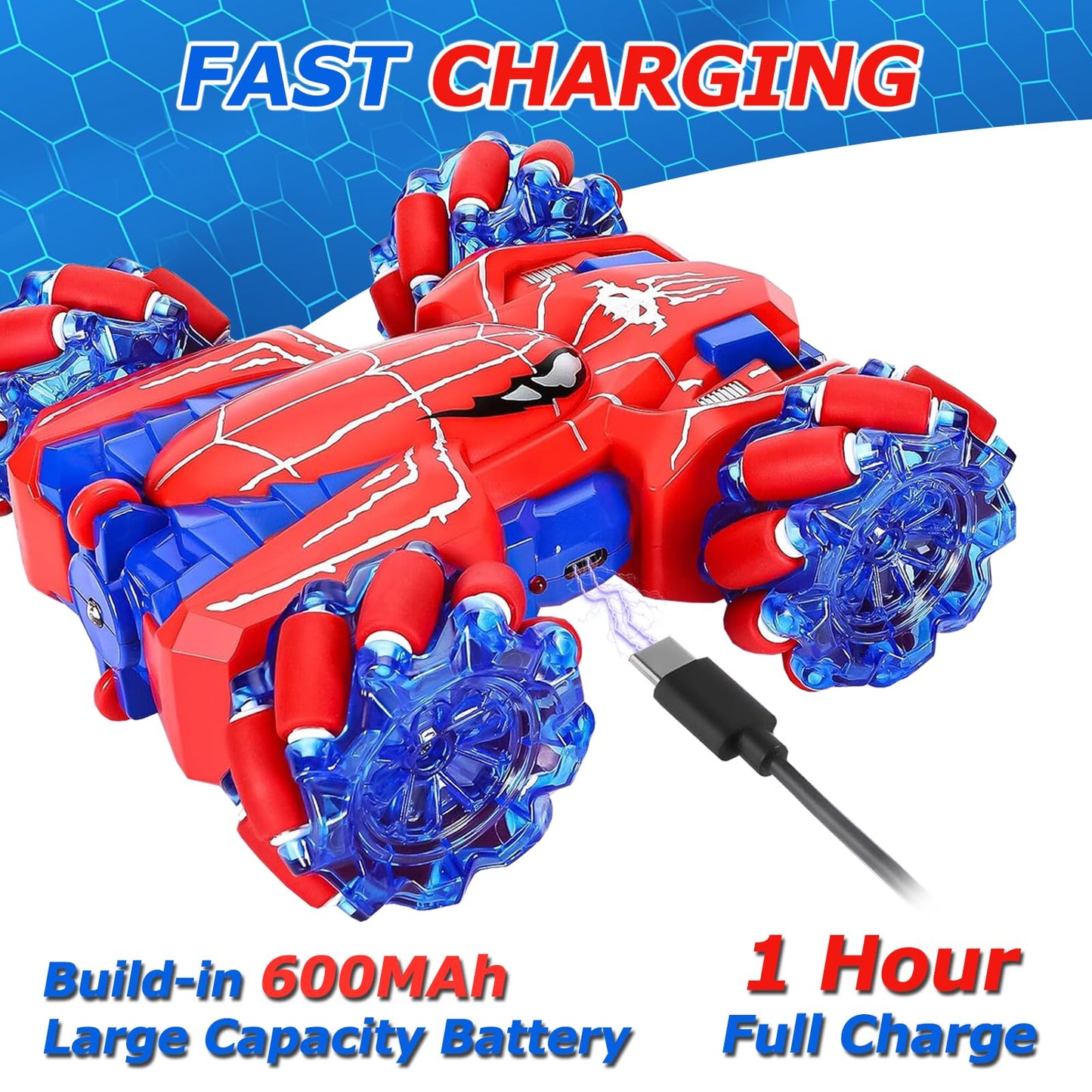Spider Remote Control Cars for Kids, BoysToys RC Stunt Cars 360°Rotating 4WD Double Sided 2.4Ghz Remote Car with Cool Lights Rechargeable Gifts for Boy Age 3 4 5 6 7 8 9