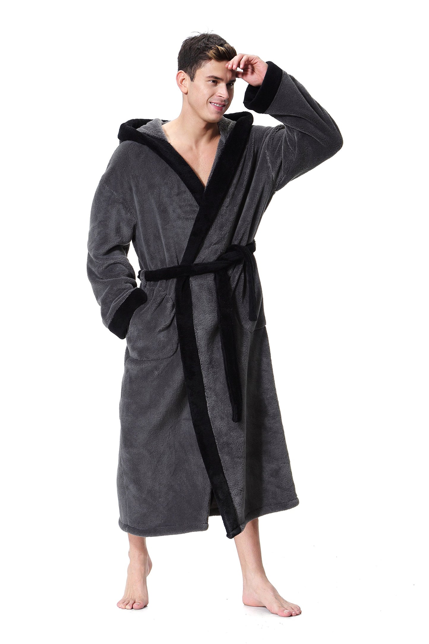 OUFANG Men's Hooded Bathrobe in 2 Colored Soft Spa Kimono Shawl Collar Hooded Long Robe Unisex