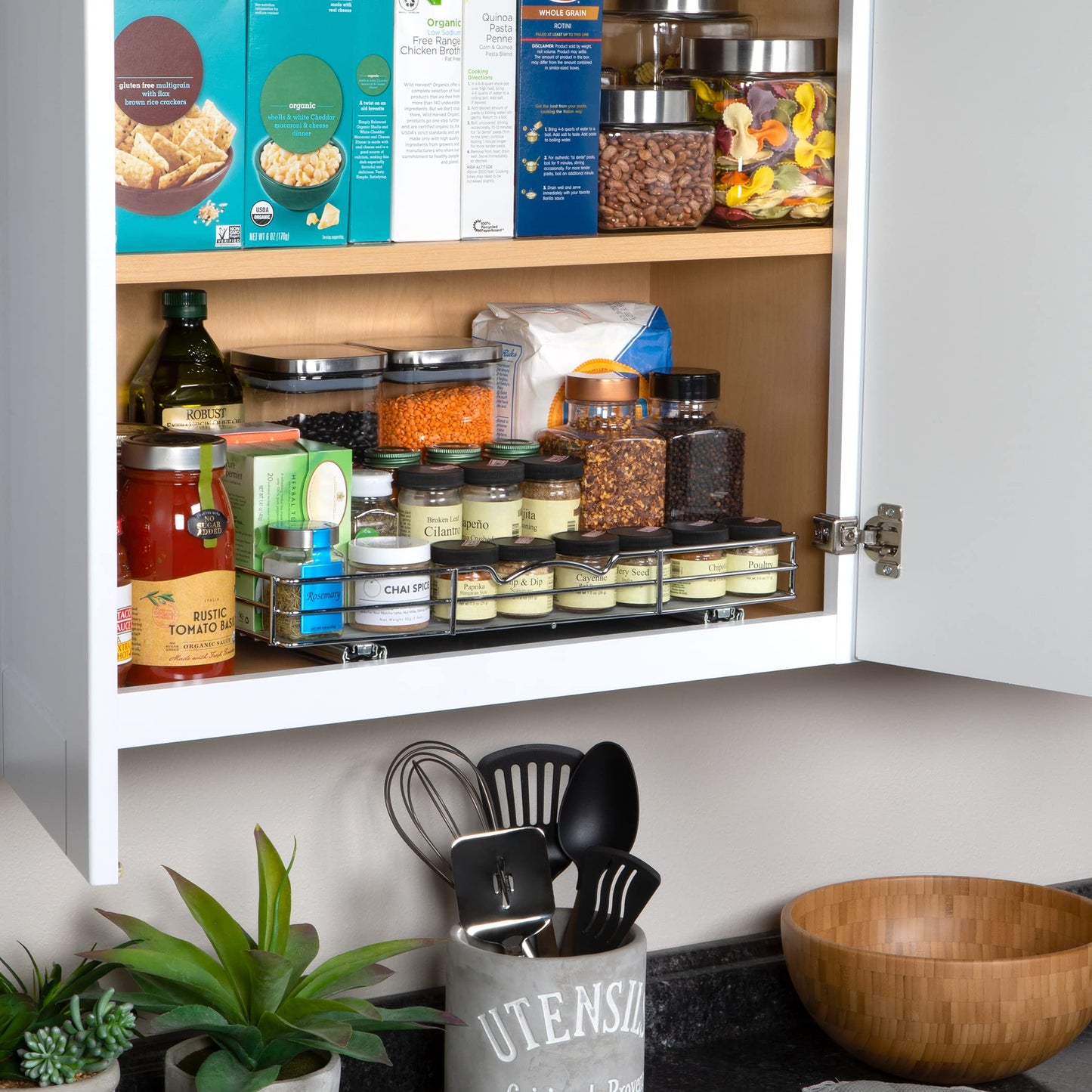 Spice Rack Organizer for Cabinet - Pull Out Tier Spice Rack for Upper Kitchen Cabinets and Pantry Closets, For Spices, Sauces, Canned Food etc. (18 Inch - Single)