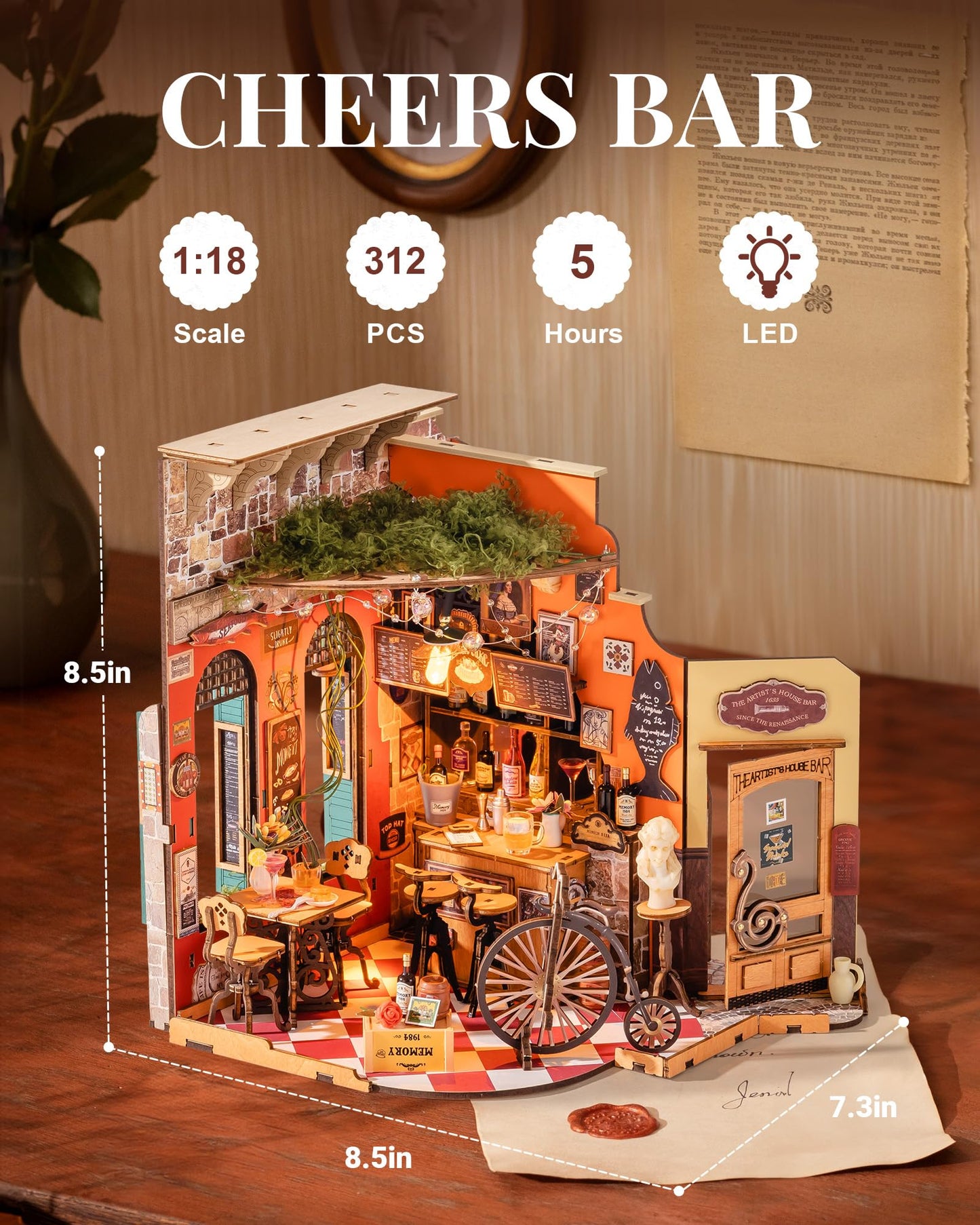 Rolife DIY Miniature House Kit for Adults, Mini Wooden Dollhouse Kit, Tiny House Diorama Building Kits-Birthday Christmas Craft Hobbies Gift for Teens Kids (Cheers Bar & Dining)