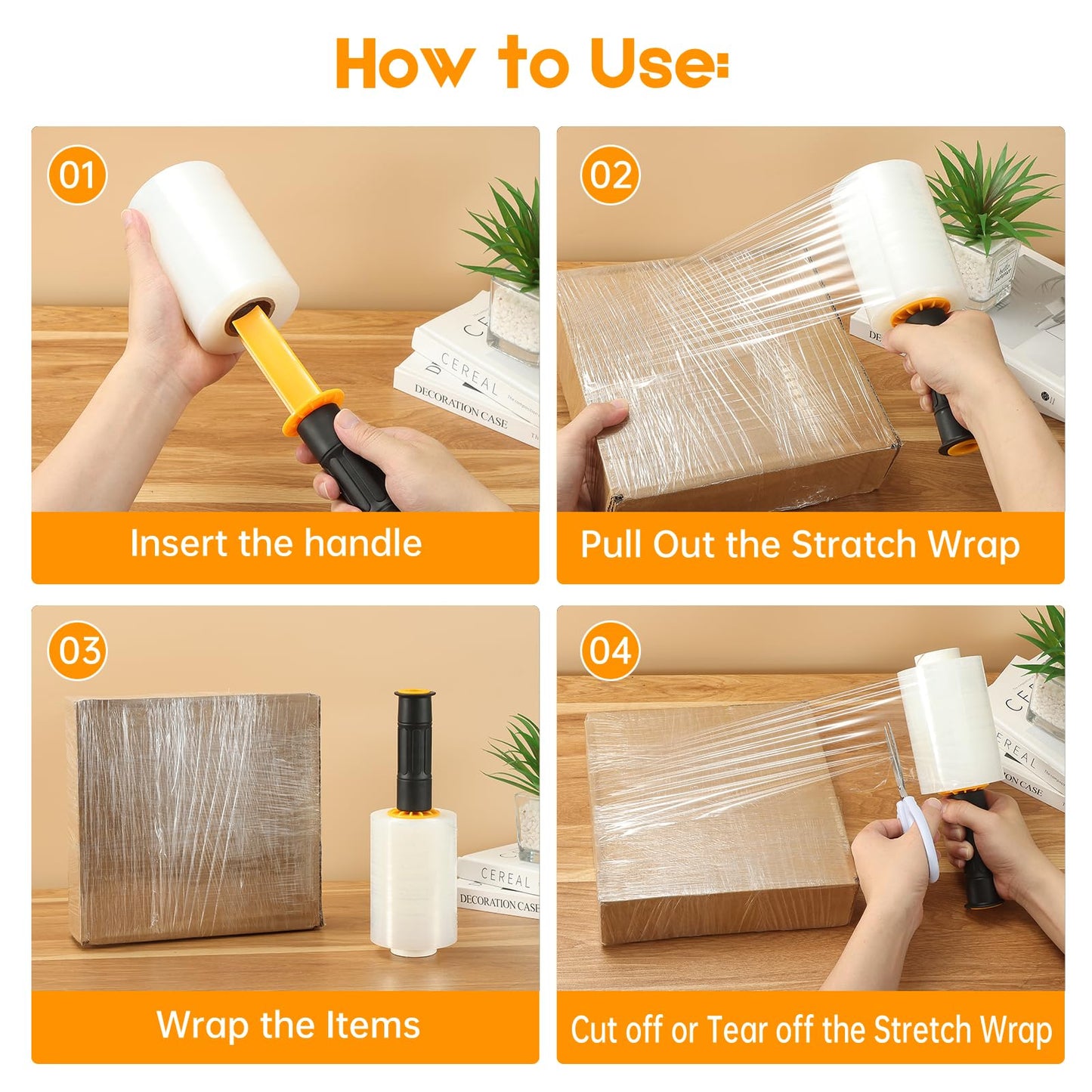 4 Packs Stretch Wrap Stretch Film with Handles 5" X 1000 Feet Shrink Wrap Packing Moving Suppliers 60 Gauge Plastic Wrap for Pallet Wrapping Shipping and Surface Protection (4 Packs)