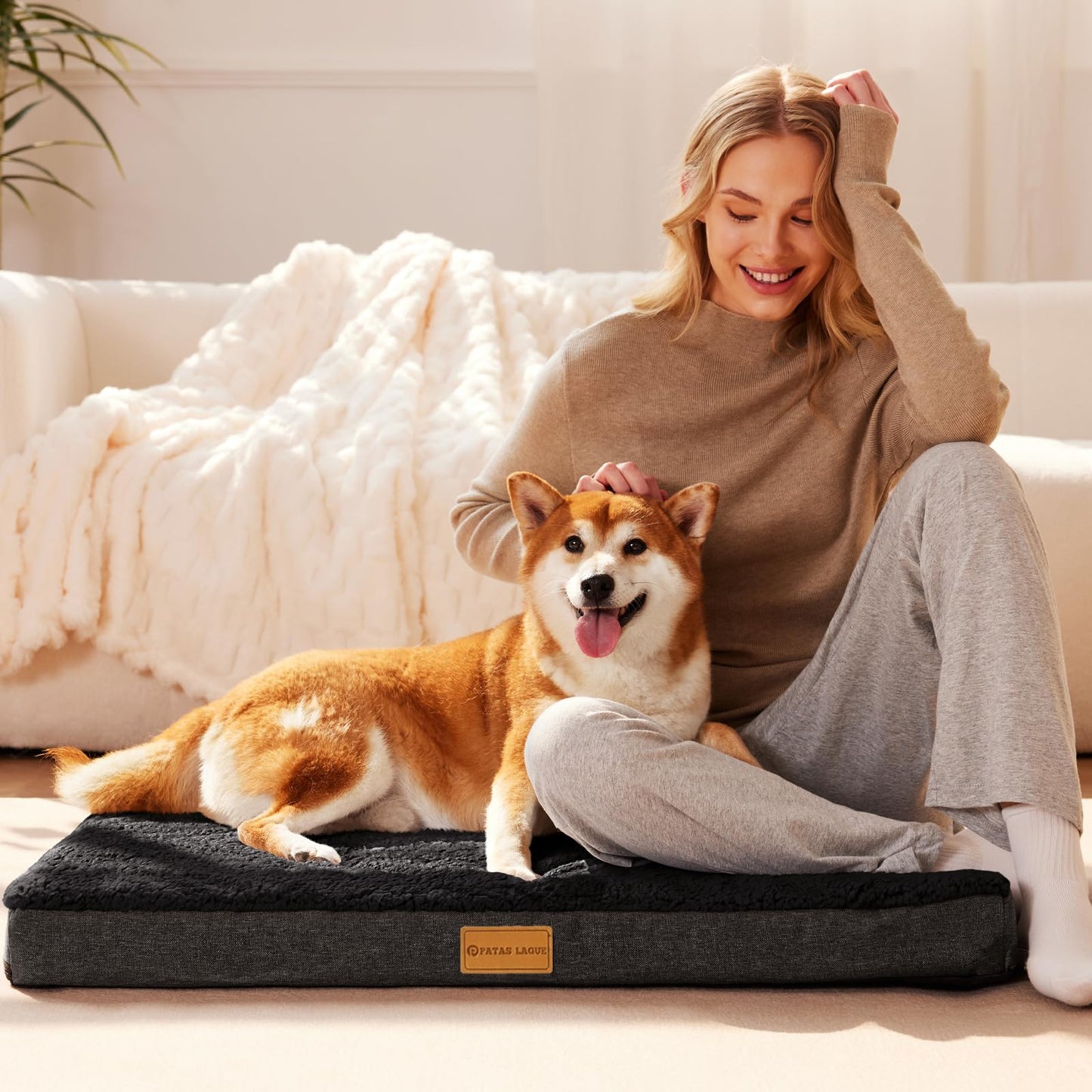 Patas Lague Orthopedic Dog Bed Large Sized Dog 91x61cm,Soft Waterproof Egg Crate Foam Medium Pet Crate Beds Mat with Removable Washable Cover and Non-Slip Bottom, Black