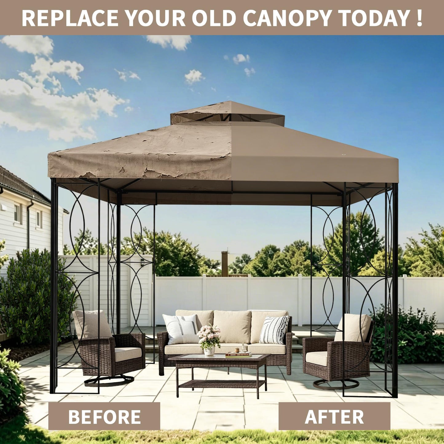 8'x8' Khaki Double Tier Replacement Cover Compatible with Crawford 8x8 Gazebo L-GZ385PST,A101003000#088-1067-8 with SPF30+,Waterproof