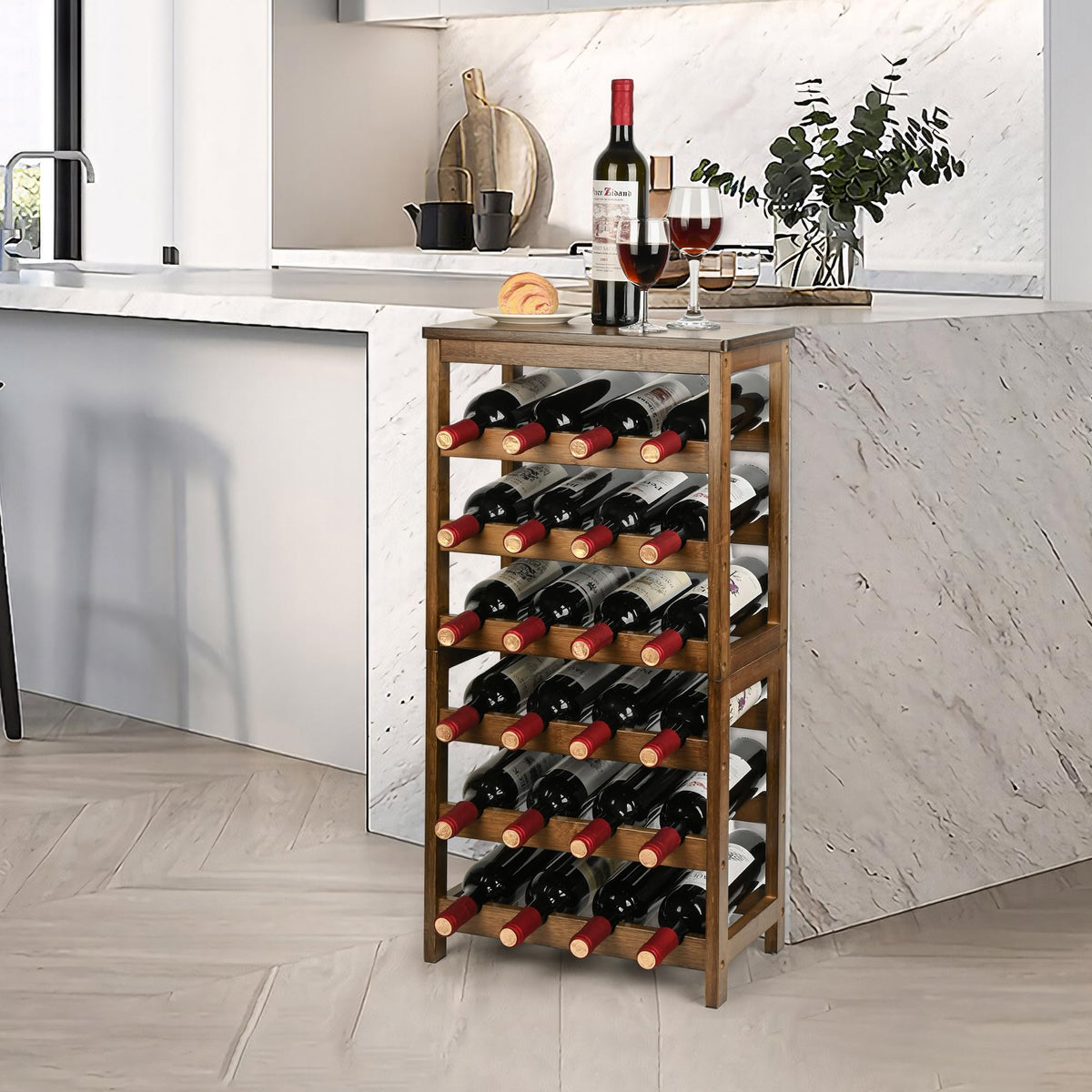 VASMIA Wine Rack Freestanding Floor, 6-Tier Display Wine Storage Shelves with Table Top, 24-Botttle Bamboo Wine Rack Shelf for Kitchen Bar Dining Room Living Room, Walnut