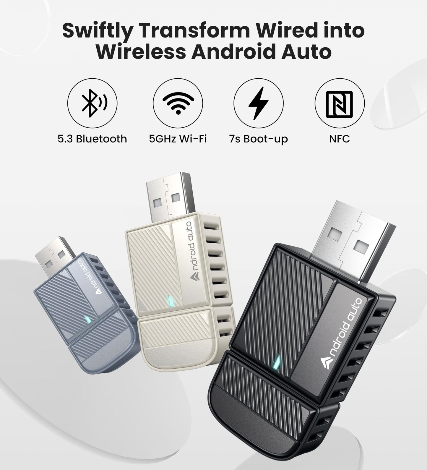 ByteWave Android Auto Wireless Adapter, 2025 NFC & Bluetooth5.3 Convert Wired to Wireless Android Auto Car Adapter, USB-C/A Mini Car Dongle Compatible for Android 12+ & 2016+ Cars, Plug & Play - Black