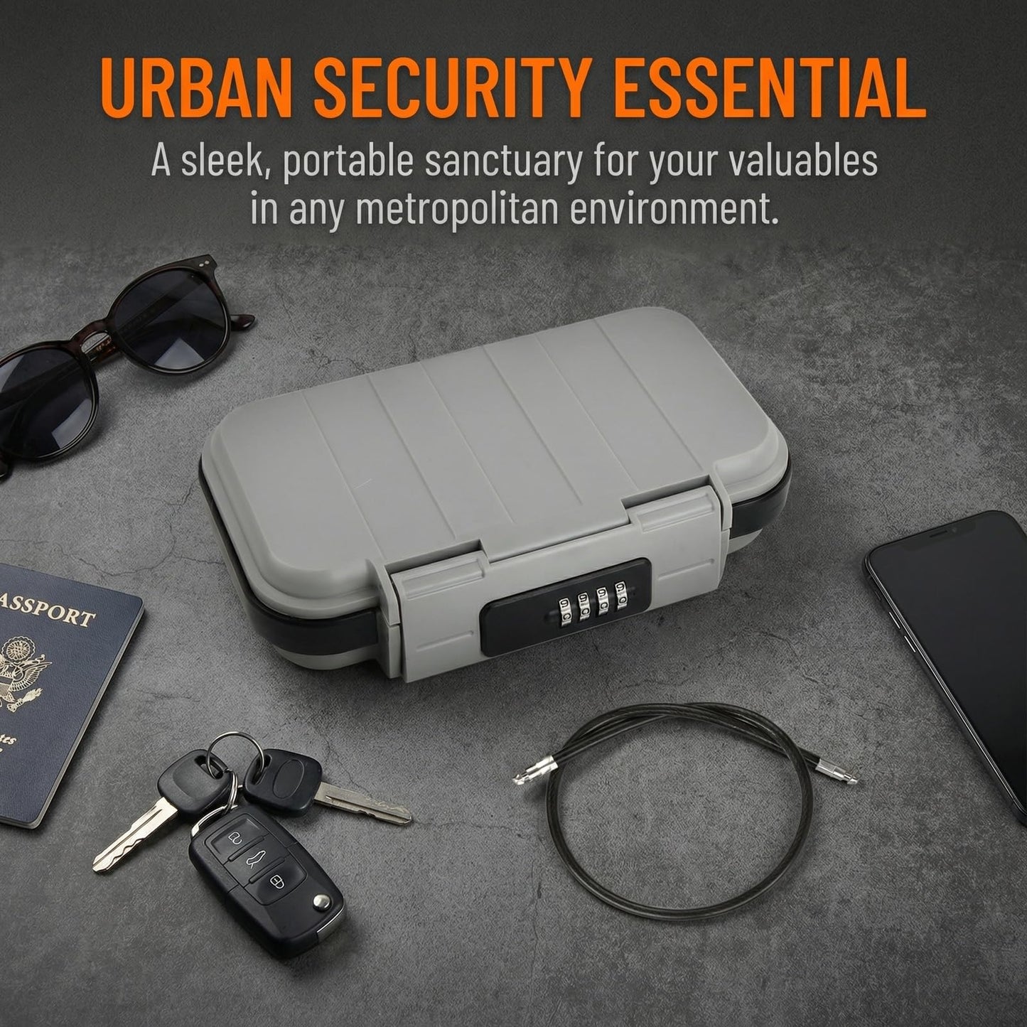 Portable Safe Box with Code, Waterproof Combination Security Lock Box, Travel Outdoor Mini Safe Box, Anti Theft Lockable Box with Removable Wire Rope for Travel Beach Home Office Hotel Car Dorm (Grey)