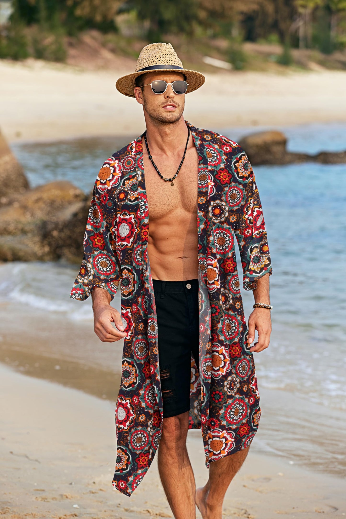 COOFANDY Men's Lightweight Kimono Robe Jacket Printed Japanese Style Bathrobes Casual Open Front Long Cardigan Coat Outwear, Blue Red (Ethnic Style), Small