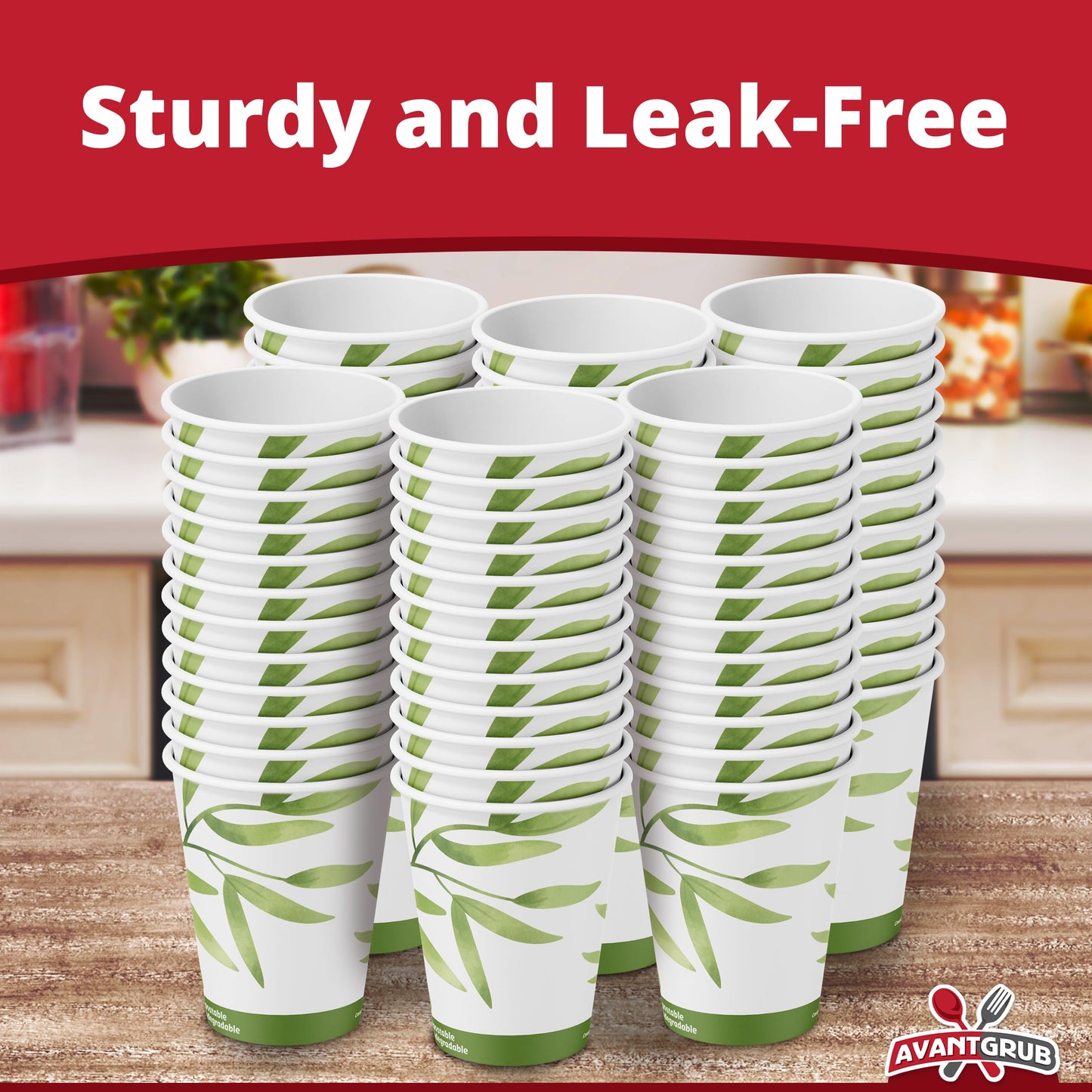 Avant Grub Biodegradable & Compostable 12 Oz Paper Coffee Cups. 100 Pack. Medium Sized, PLA Lined Disposable Beverage Cups For Hot & Cold Drinks. For Shops, Kiosks, Concession Stands & More.