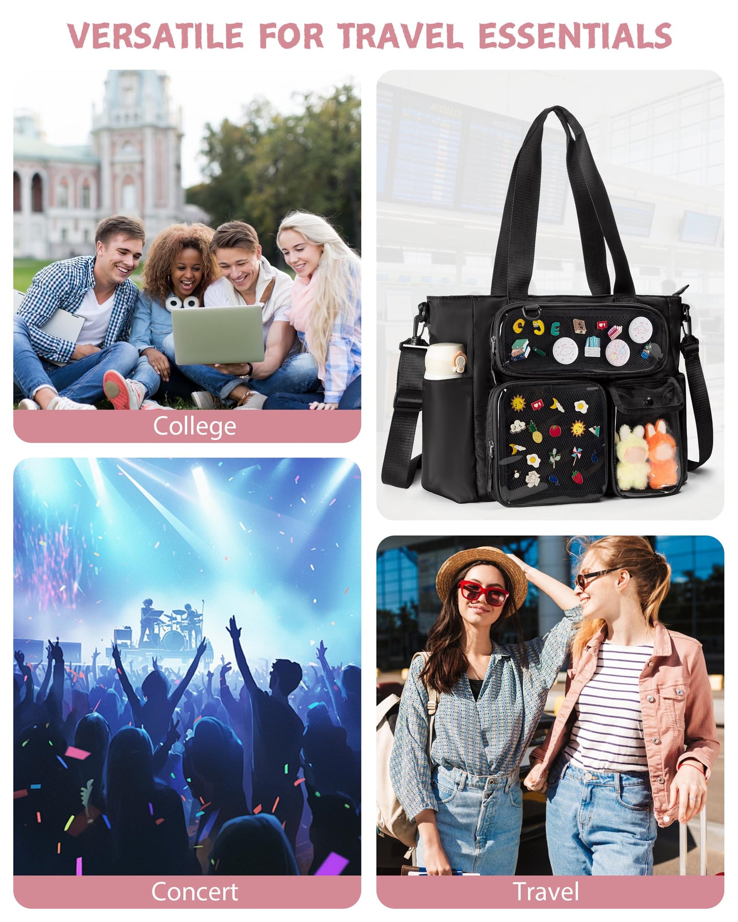 Prokva Large Ita Bag with 3 Pockets & 2 Inserts, Kawaii Ita Tote Pin Display Bag for Anime Kpop Fans, Versatile Messenger Bag, Black, Handbag (Pins NOT Included)