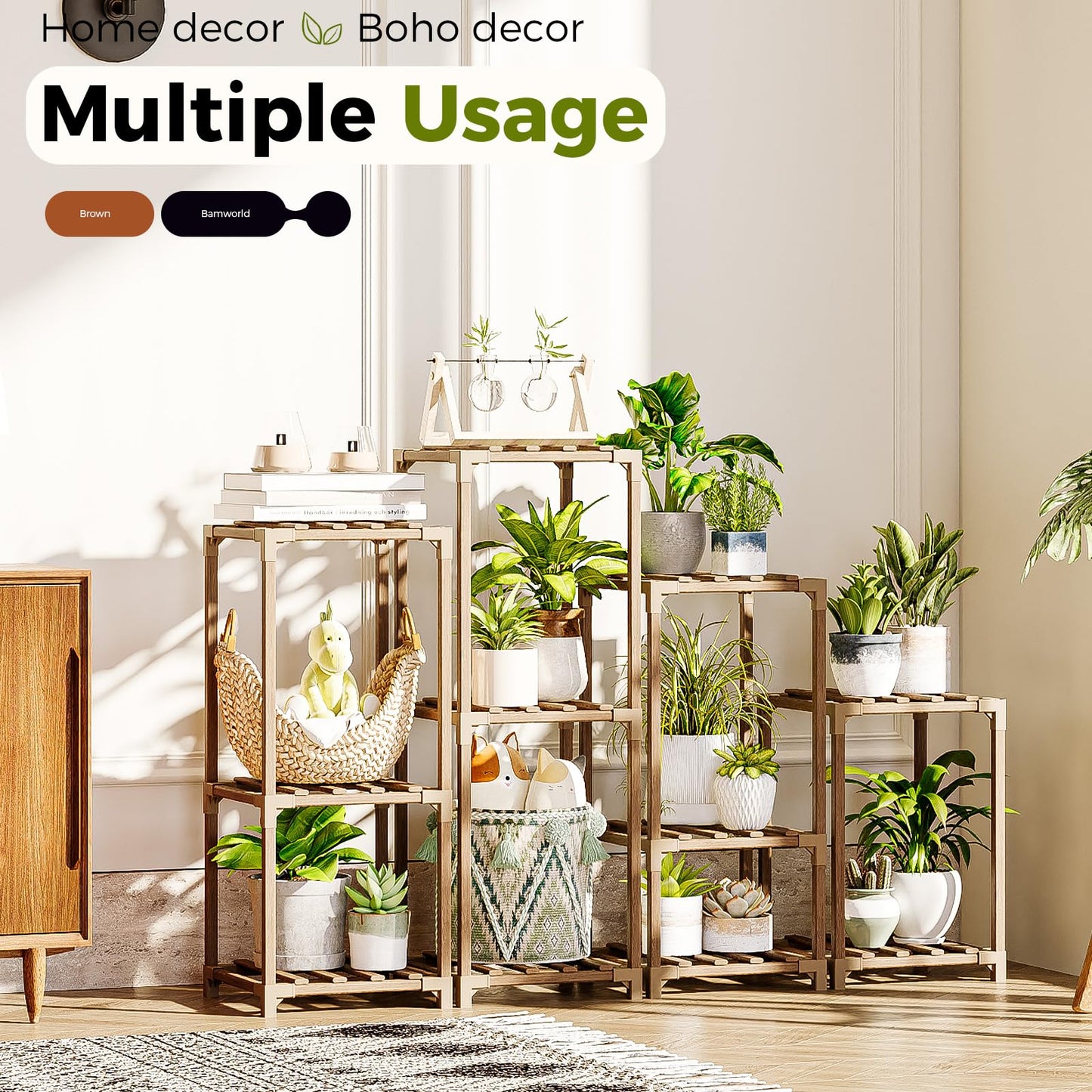 Bamworld 4 Sets of Package Plant Stands Indoor Combo Plant Shelves Outdoor Wooden Plant Rack for Living Room Balcony Garden