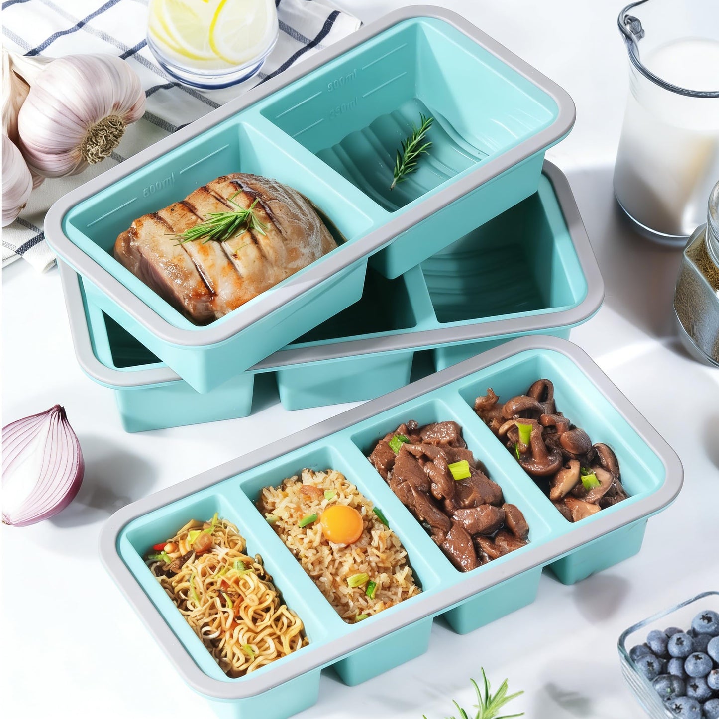 Asaloy 3 Pack (1-1.4-2 Cup)Silicone Food Freezer Molds With Lids,Easy to Release Silicone Soup Freezer Containers Tray for Meal Prepping,Leakproof, Suitable for Dishwasher/Oven/Fridge (Blue)