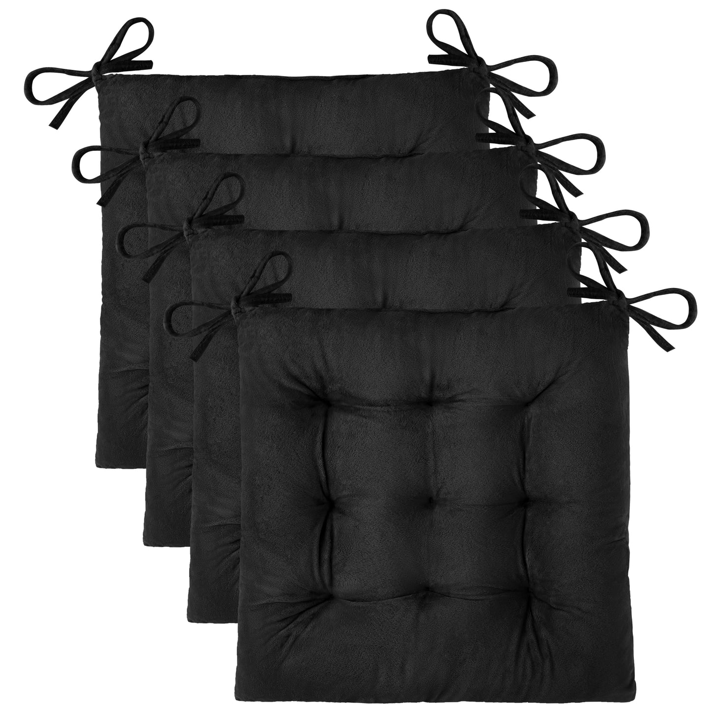OVOV 4 Pack Chair Cushions for Dining Chairs Comfortable Seat Cushions for Kitchen Desk Chairs Velvet Chair Pads with Ties (15.5"x15.5" Black)