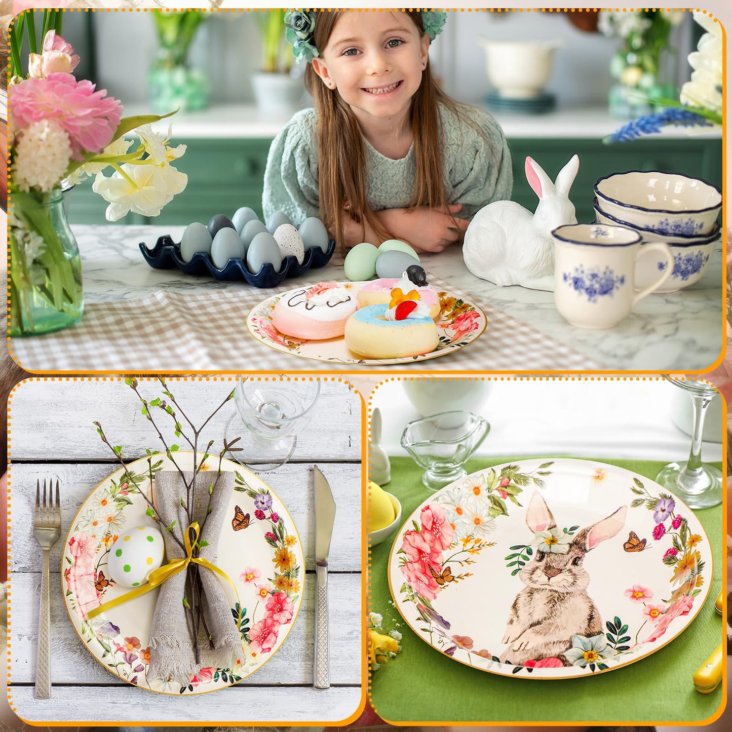 Sunnychicc 100 Pcs Easter Dessert Paper Plates Bulk 7'' Round Disposable Floral Bunny Egg Rabbit Plates for Holiday Spring Tableware Party Supplies(Beige,Cute Bunny)