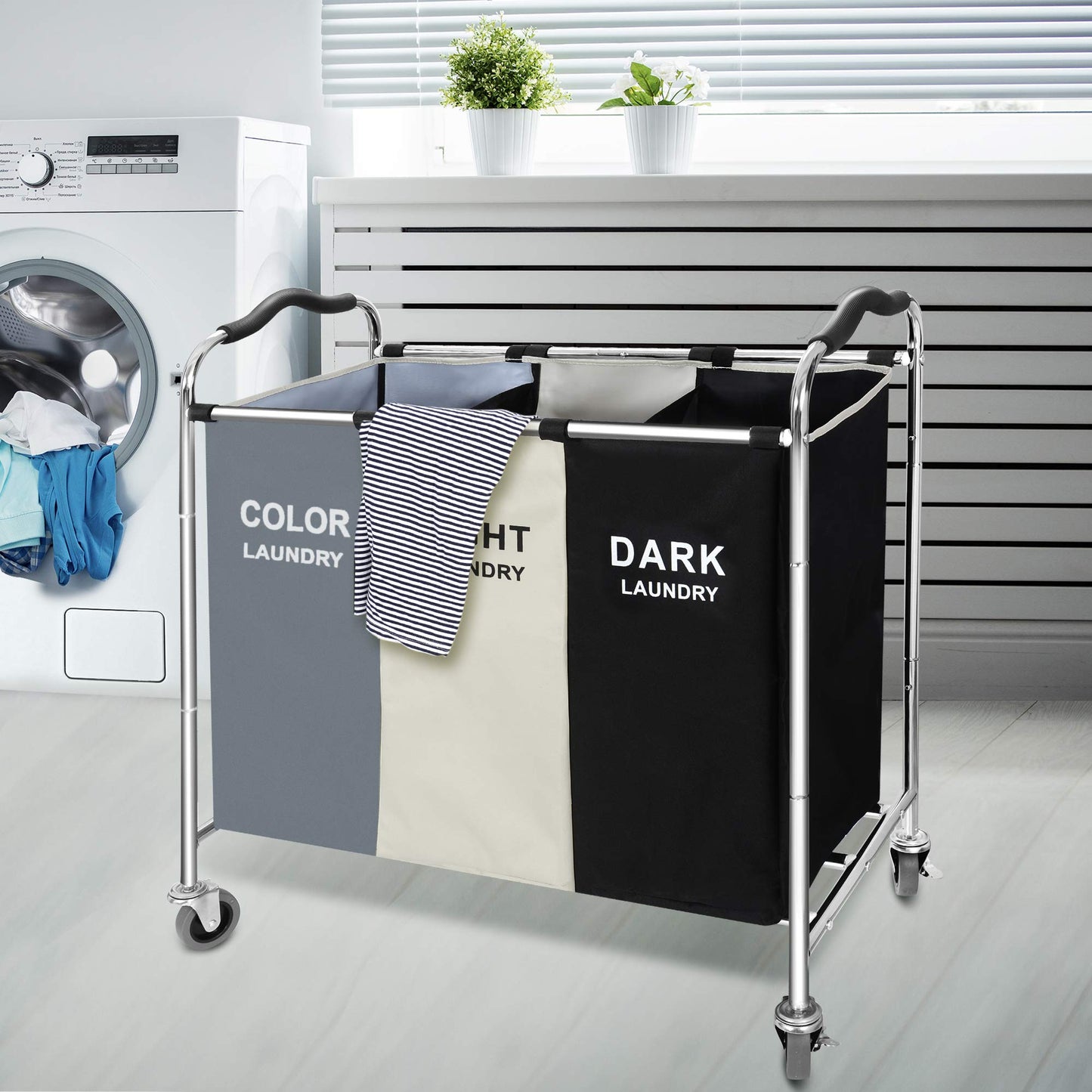240L 3-Bag Laundry Hamper Basket Sorter Cart, 16 X 30 X 35 inch Heavy Duty Rolling Wheels with Break for Dirty Clothes Storage Baskets Bin