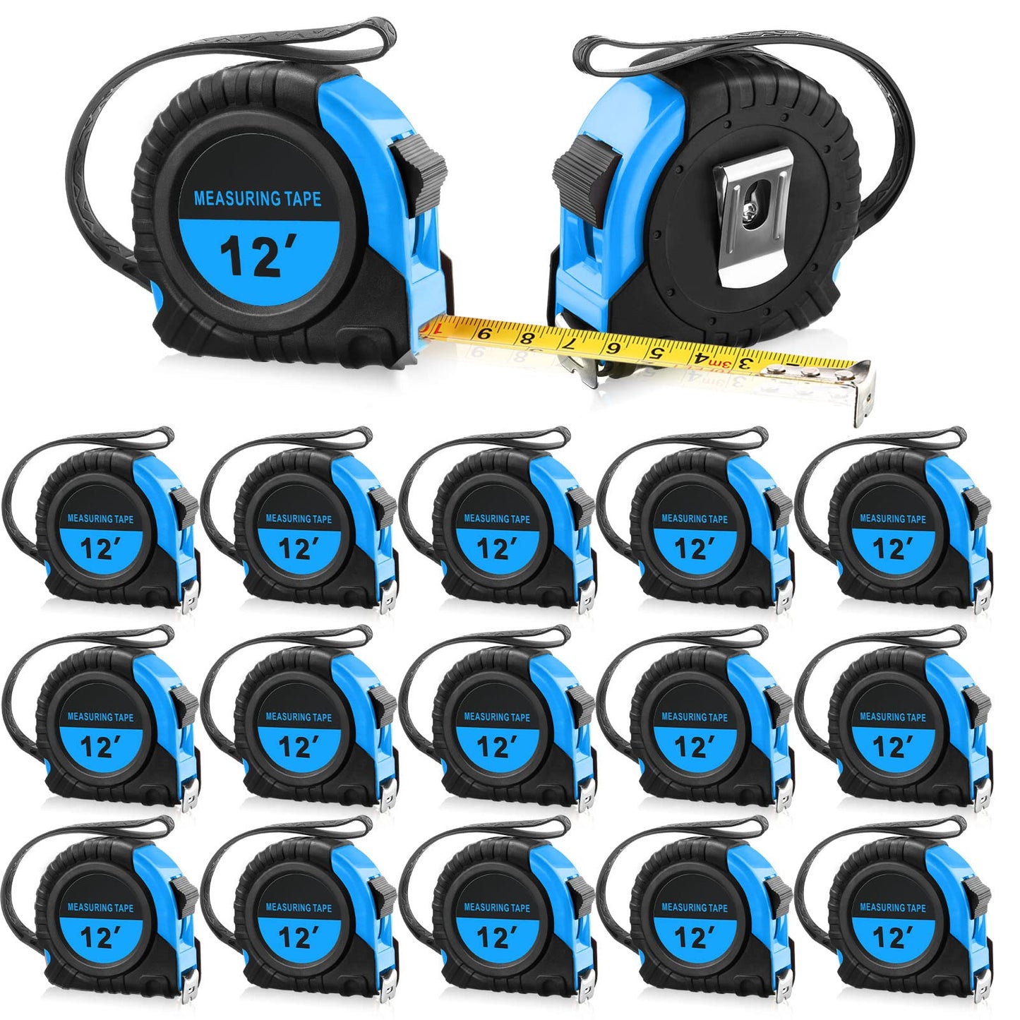20 Pieces Easy Read Measuring Tape Bulk 12 FT Retractable Measuring Small Tape with Pause Buttons for Engineer Contractors, Autowind and Lock, Blue