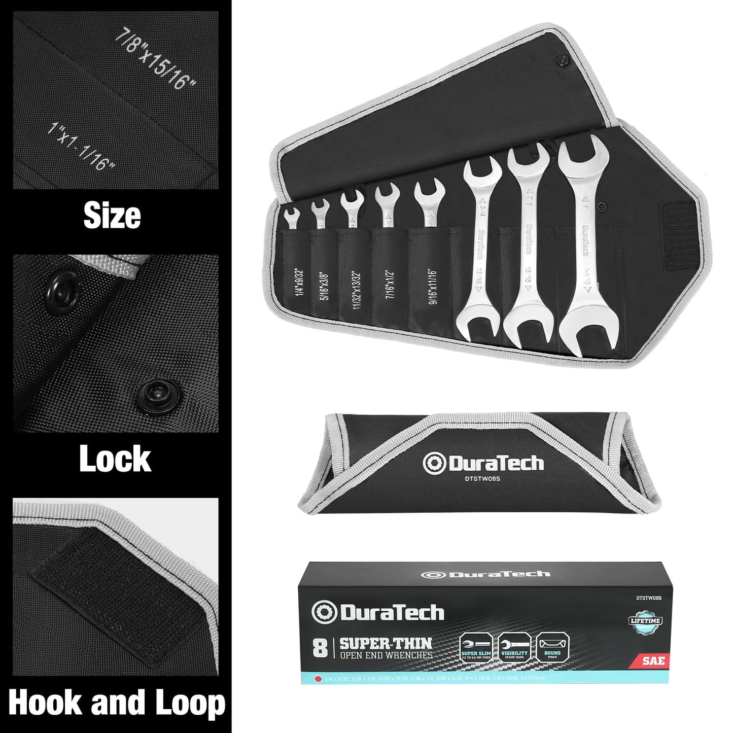 DURATECH Super-Thin Open End Wrench Set, SAE, 8-Piece, Including 1/4", 9/32", 5/16", 3/8", 11/32", 13/32", 7/16", 1/2", 9/16", 11/16", 3/4", 13/16", 7/8", 15/16", 1", 1-1/16", with Rolling Pouch