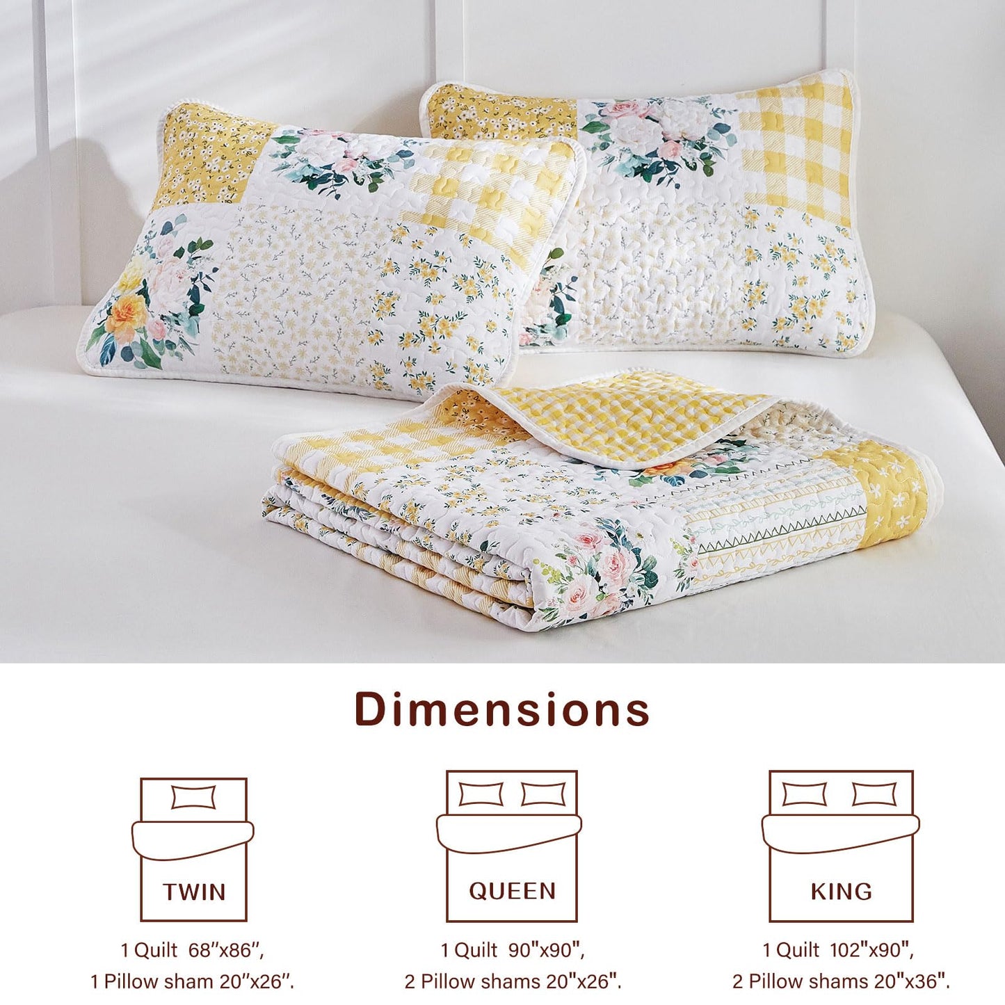 Joyreap 2 Pieces Floral Quilt Set Twin, Patchwork Yellow n White Design, Smooth Soft Microfiber Quilt, Bedspread Bed Cover for All Season, 1 Quilt and 1 Pillow Sham- 68x86 inches