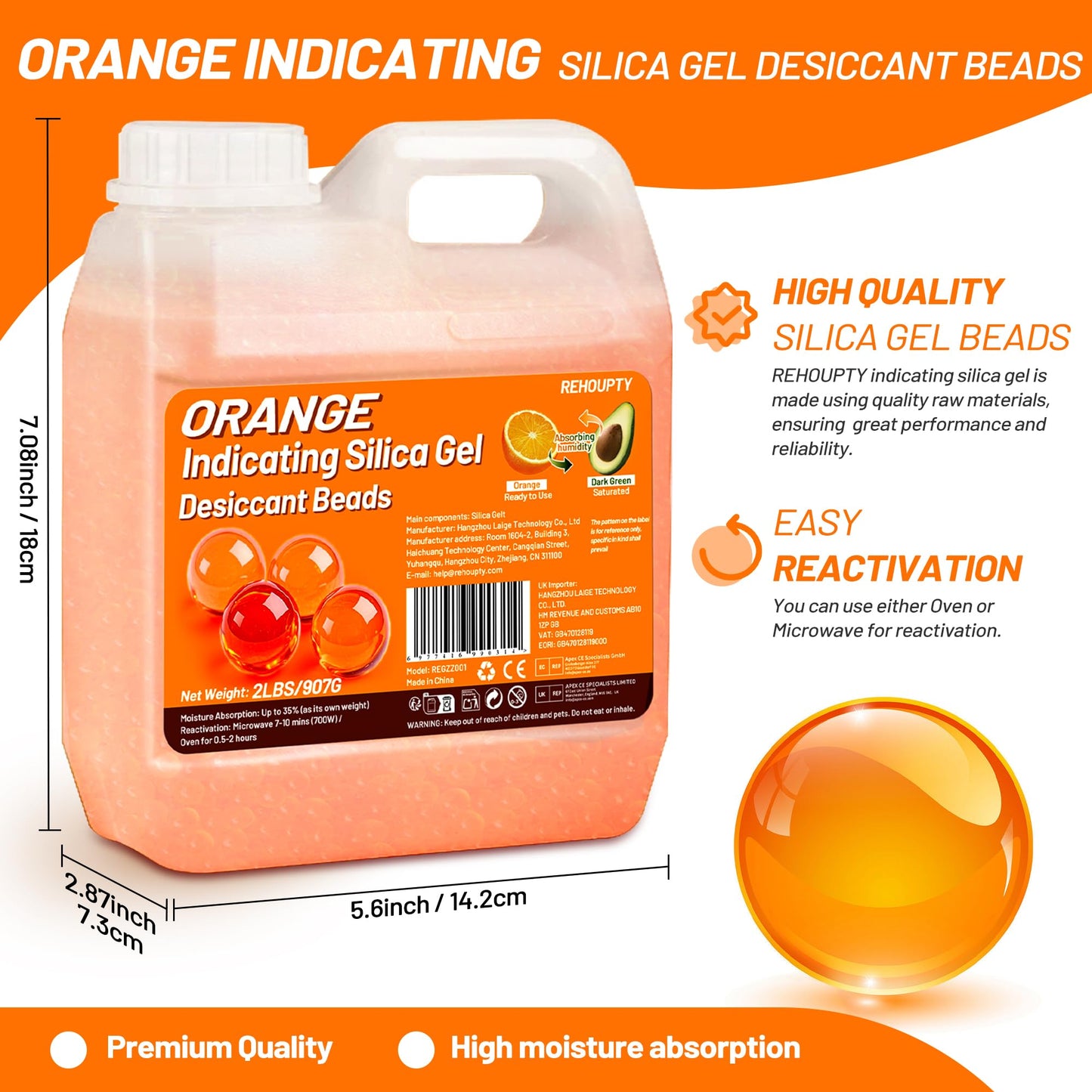 REHOUPTY Orange Silica Desiccant Beads 2LBS, Reusable Indicating Silica Gel Beads, 3-5mm Desiccant Dehumidifier Beads for 3D Filament, Electronic Devices, Camera, Jewelry (10 Organza Bags Included)