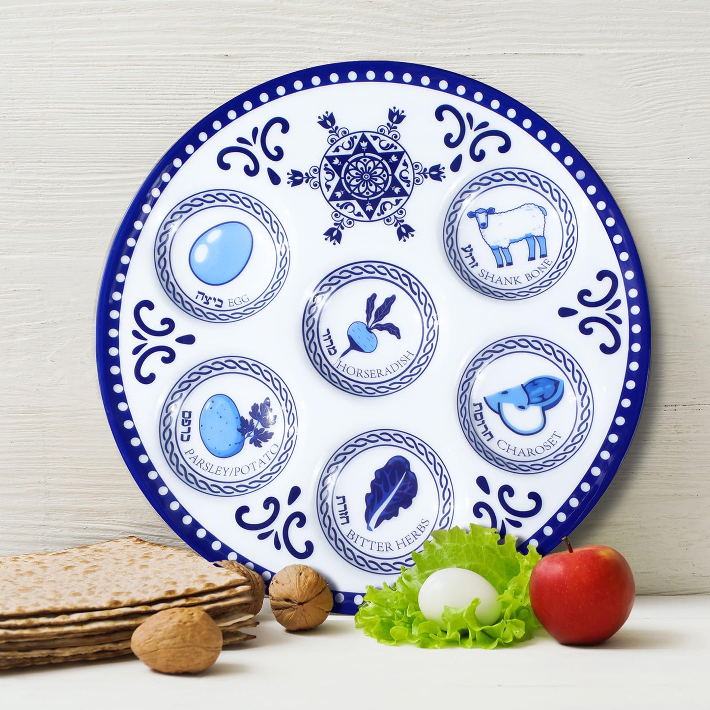 Jingmore 6 Pack Passover Decorations Seder Plates Plastic Pesach Plate Passover Seder Dish for Pesach Feast Party Favors 10 Inch (Blue Renaissance)