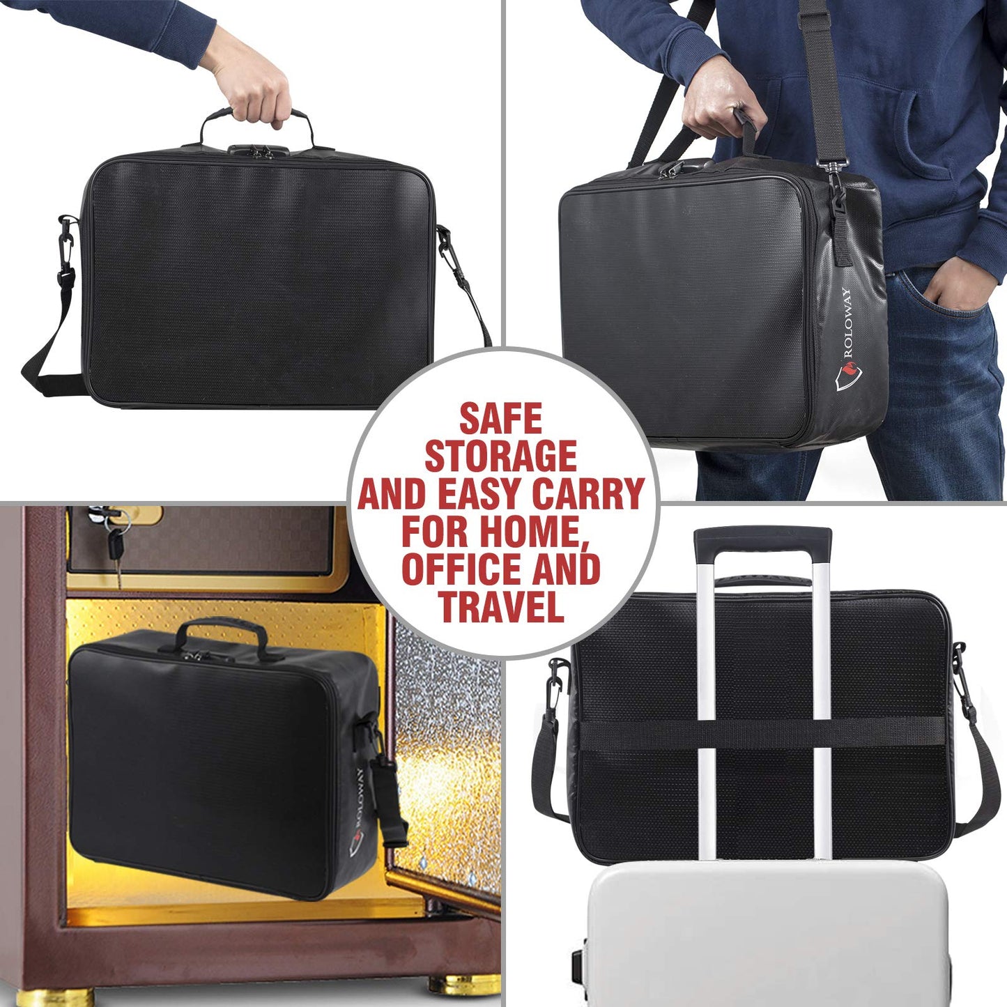 ROLOWAY-Fireproof Document Bag with Lock, Fireproof Document Safe Organizer, Fireproof File Storage Bag, Fireproof Bag with Multi Layer Portable File Organizers for Travel Black