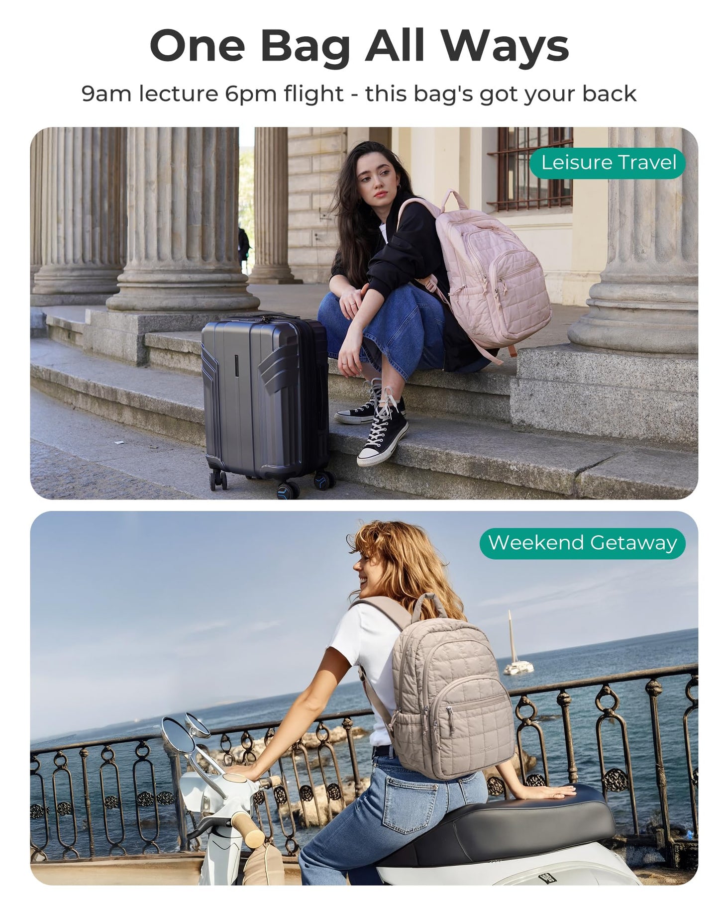 BAGSMART College Laptop Backpack, Travel Laptop Backpack for Women, Quilted Casual Daypack, Water-Resistant Bookbag for 15.6 Inch Laptop, Beige