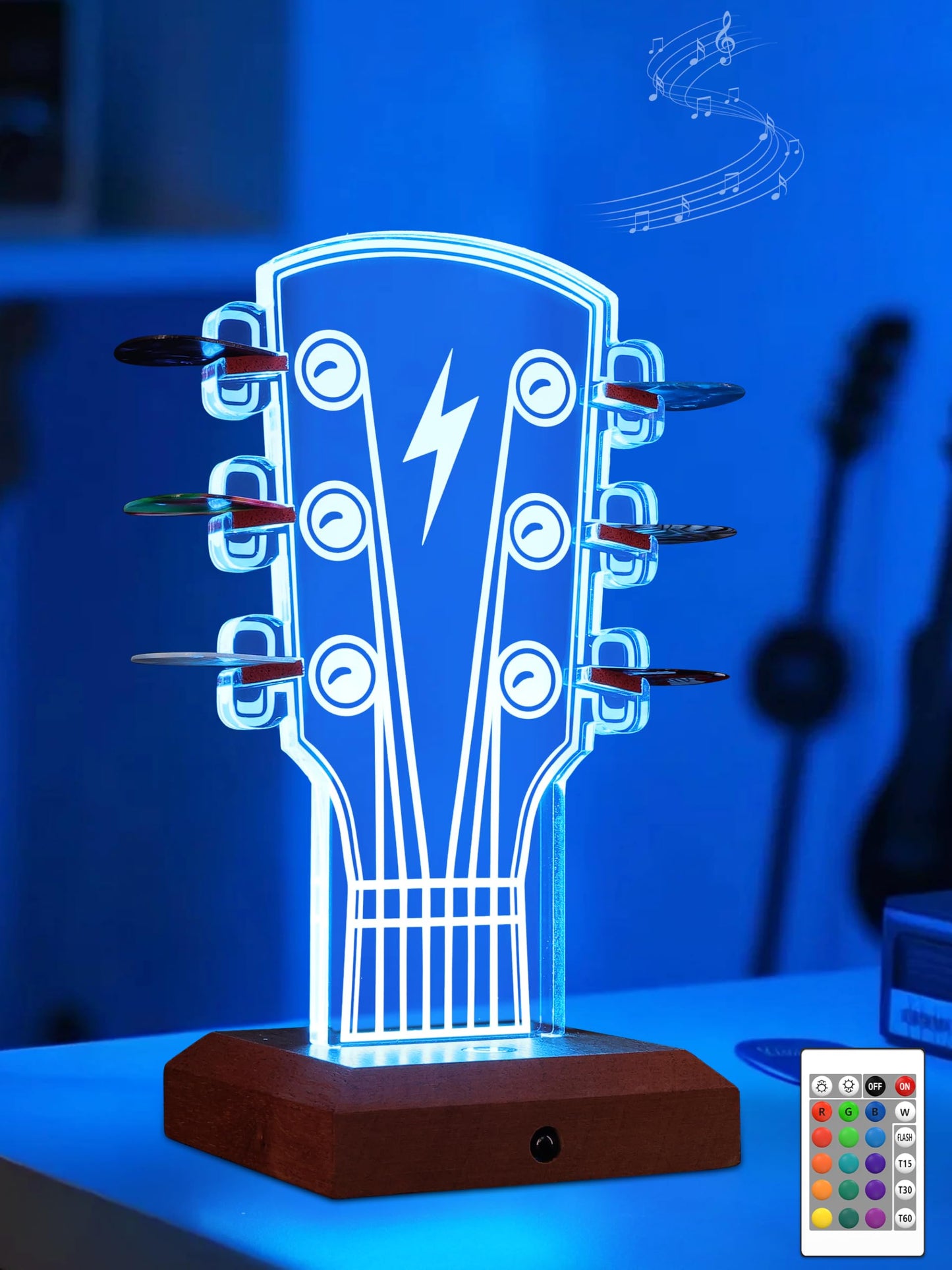 CoolGift Mart Light Up Guitar Pick Holder, Acrylic Wooden Guitar Headstock Shaped Pick Holder with 16 Color Lights for Picks Storage and Display, Gift for Guitarists