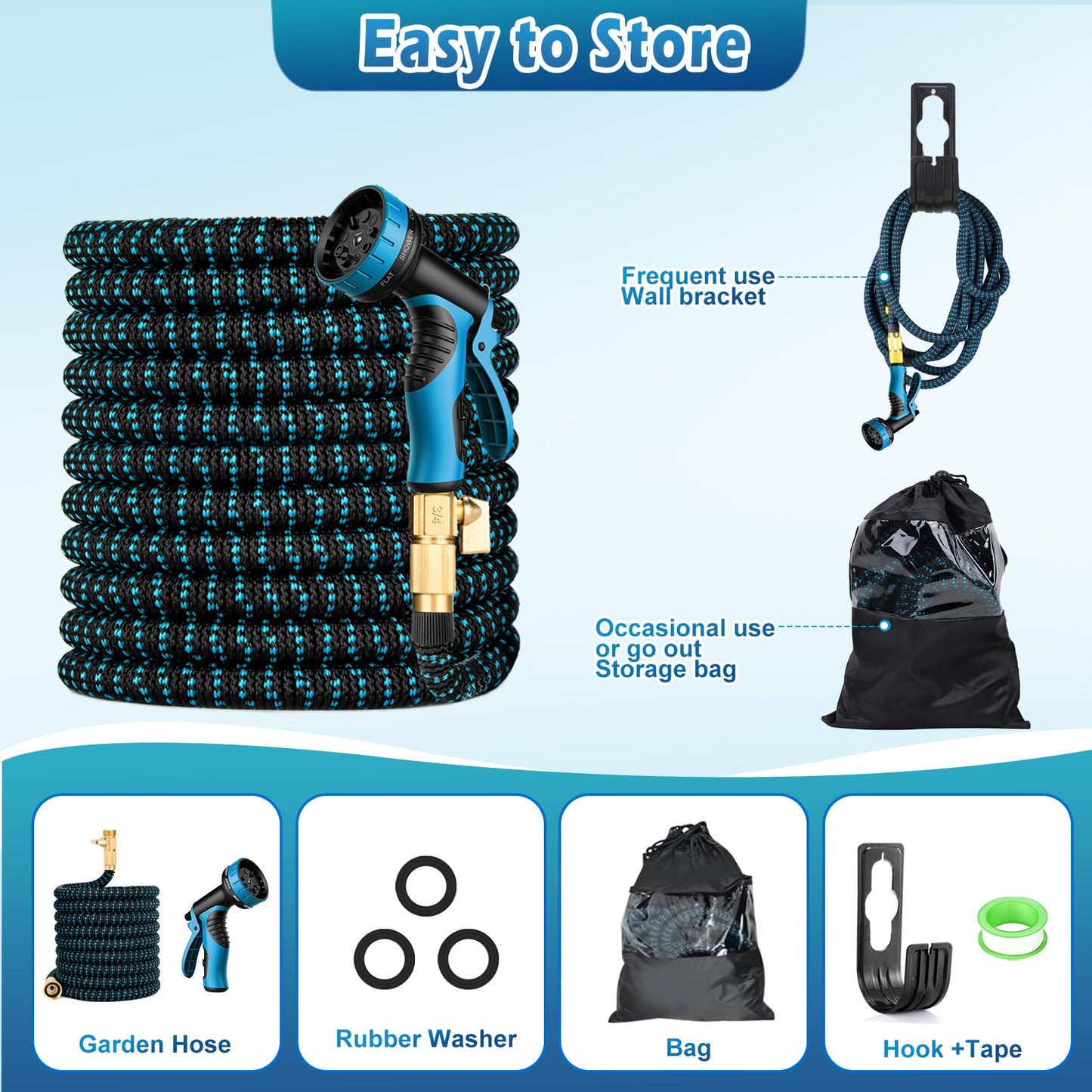 Expandable Garden Hose 100FT, Lightweight Water Hose with 10 Function Nozzle & 3/4" Solid Brass Fittings,Kink Free Retractable Collapsible Flexible Gardening Hose Pipe with Hook and Storage Bag,Blue