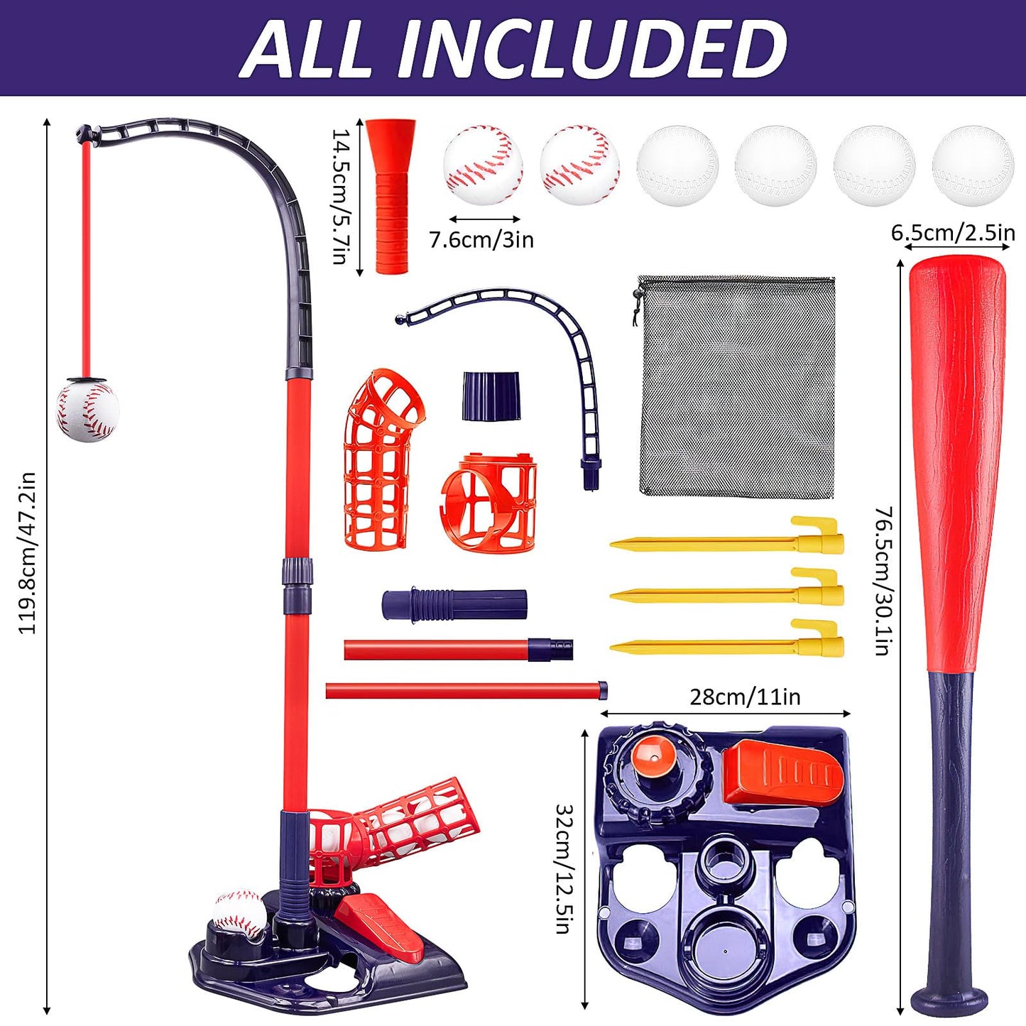 3-in-1 Tee Ball Set for Kids, Height Adjustable Baseball Set with Auto Pitching Machine/T Ball Stand/Hanging Tee/Retractable Bat/6 Softballs, Indoor Outdoor Sports Toys for Boys Girls
