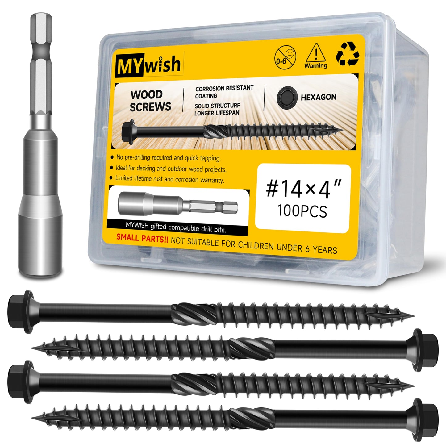 100Pcs 4 Inch Wood Screws, #14 x 4 Heavy Duty Outdoor Deck Screws, Black Timber Lag Bolts, Hex Socket Included Hex Head Log Landscaping Black Long Screws by Mywish