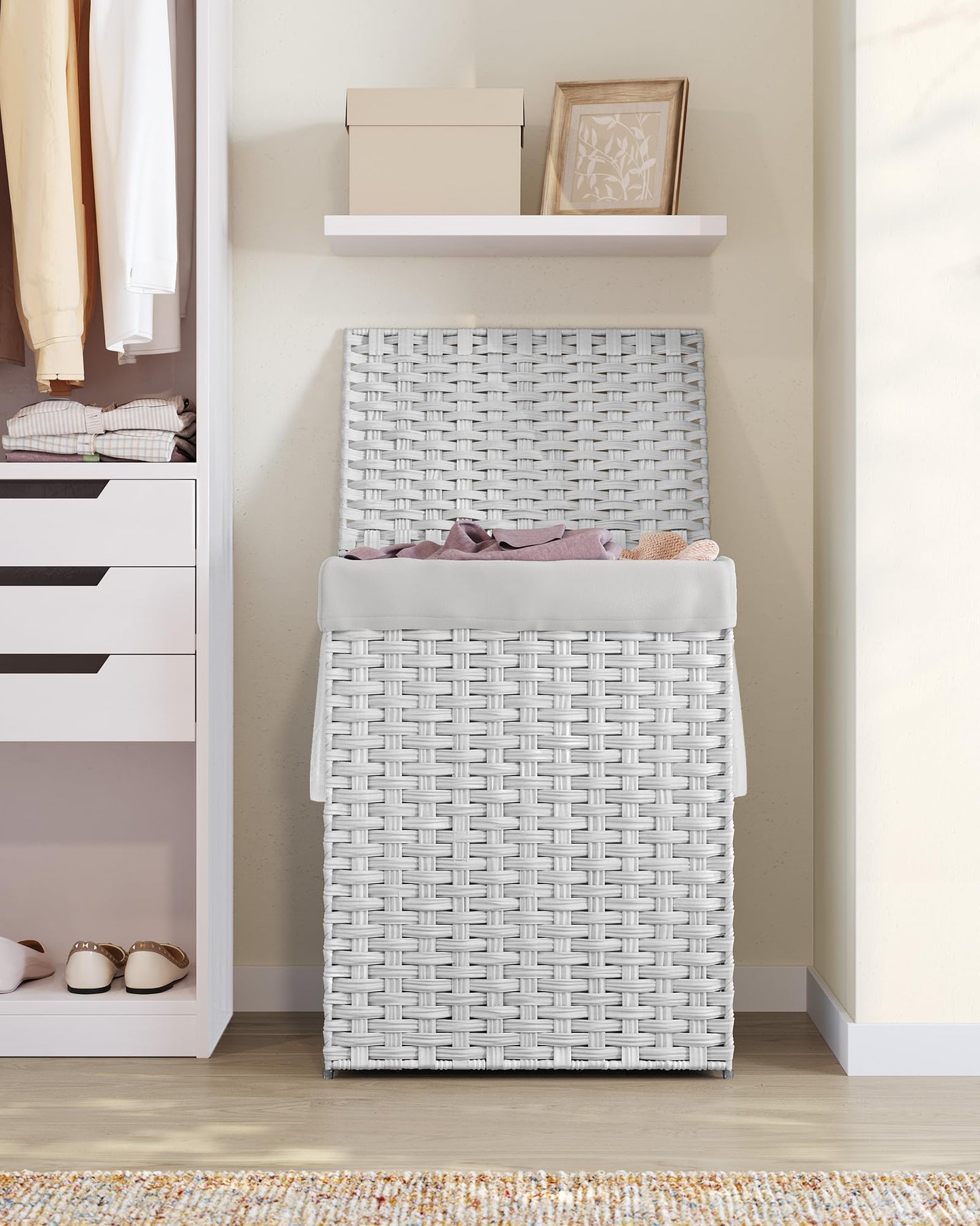 SONGMICS Laundry Hamper with Lid, 23.8 Gallon (90 L) Synthetic Rattan Clothes Laundry Basket with Lid and Handles, Foldable, Removable Liner, Snow White ULCB051W01V1