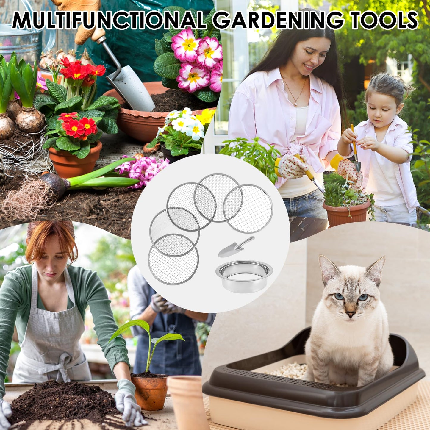 UKQRRTC Multi-Purpose Soil Sieve Tool Set, Stainless Steel Soil Sifter with Shovel and 5 Interchangeable Meshes, 1/3/6/9/12mm Suit for Gardening, Mealworm Sorting, Gold Panning, and Lab Testing