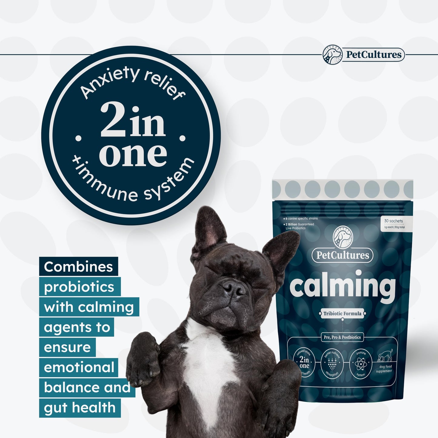 PetCultures Calming Supplement for Dogs, 30 Pks Powder, Probiotics for Dogs with 2 Bill CFU & 6 Canine Specific Strains, 100 mg L Tryptophan & L-Theanine for Dogs, Dog Anxiety Relief, Made in USA