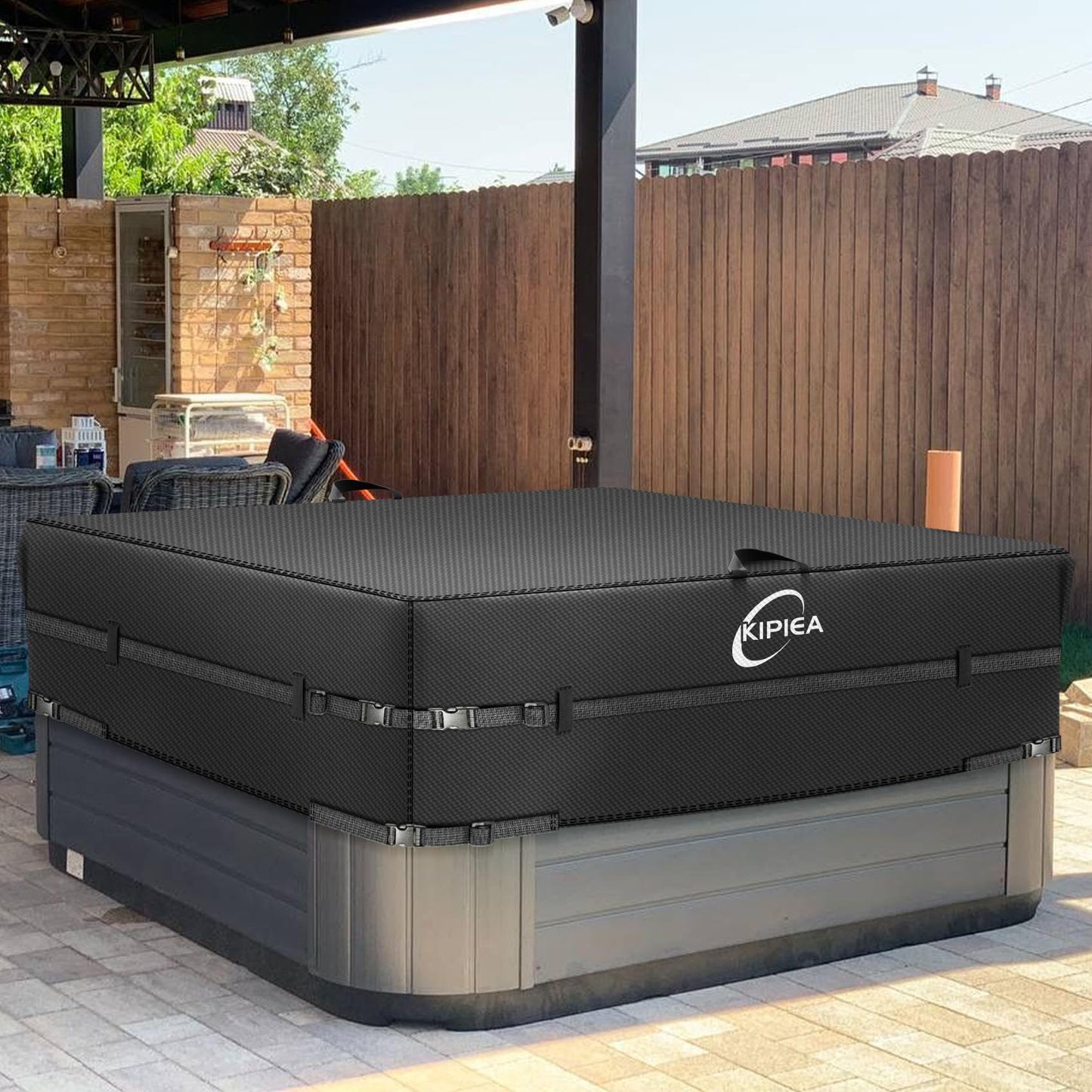 Kipiea 600D Outdoor Waterproof Square Hot Tub Cover Protector, Heavy Duty Polyester SPA Cover UV Protection Cover 76" L x 76" W x 20" H, Black