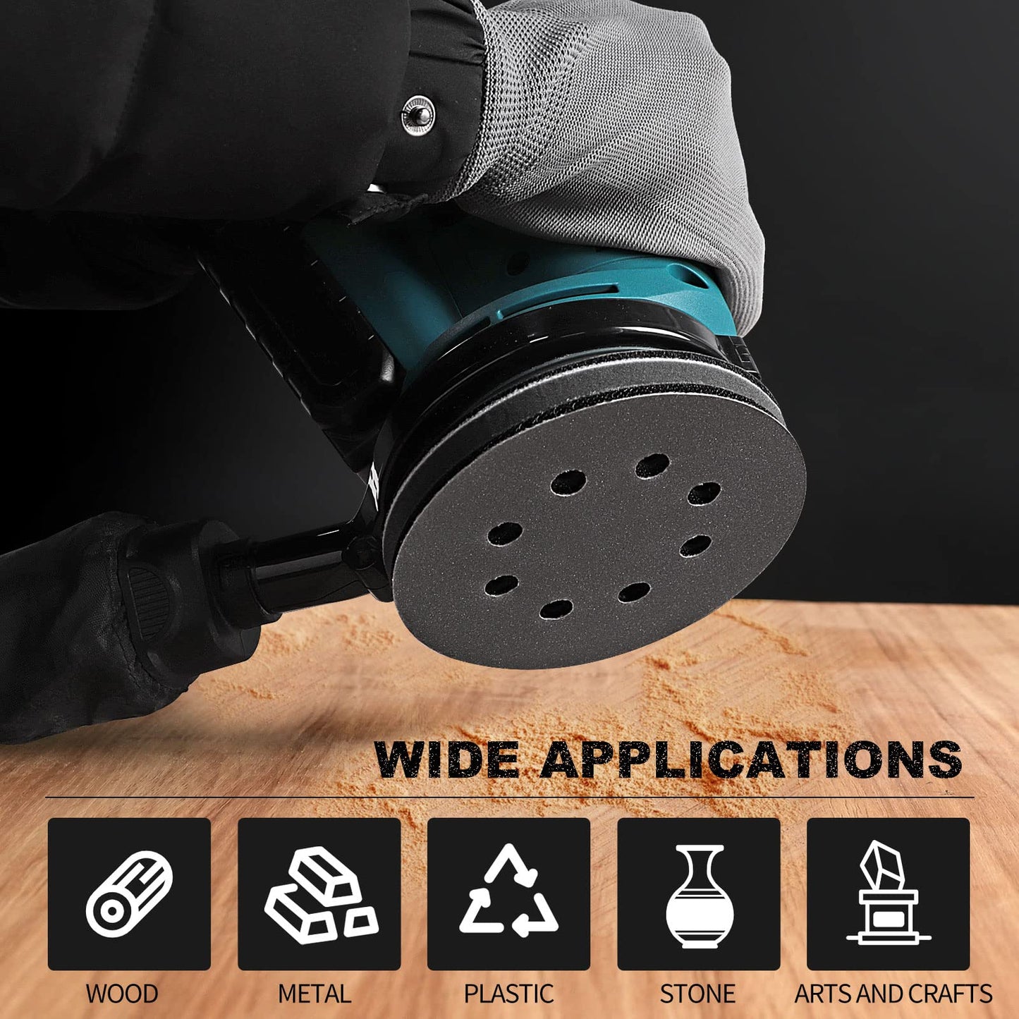 POLIWELL 120pcs 5 Inch Sanding Discs Hook & Loop 8 Holes Wet Dry 320 400 600 800 1000 2000 3000 Grit Orbital Sandpaper with 2pcs Interface Pads, Silicon Carbide Round Flocking Sandpaper