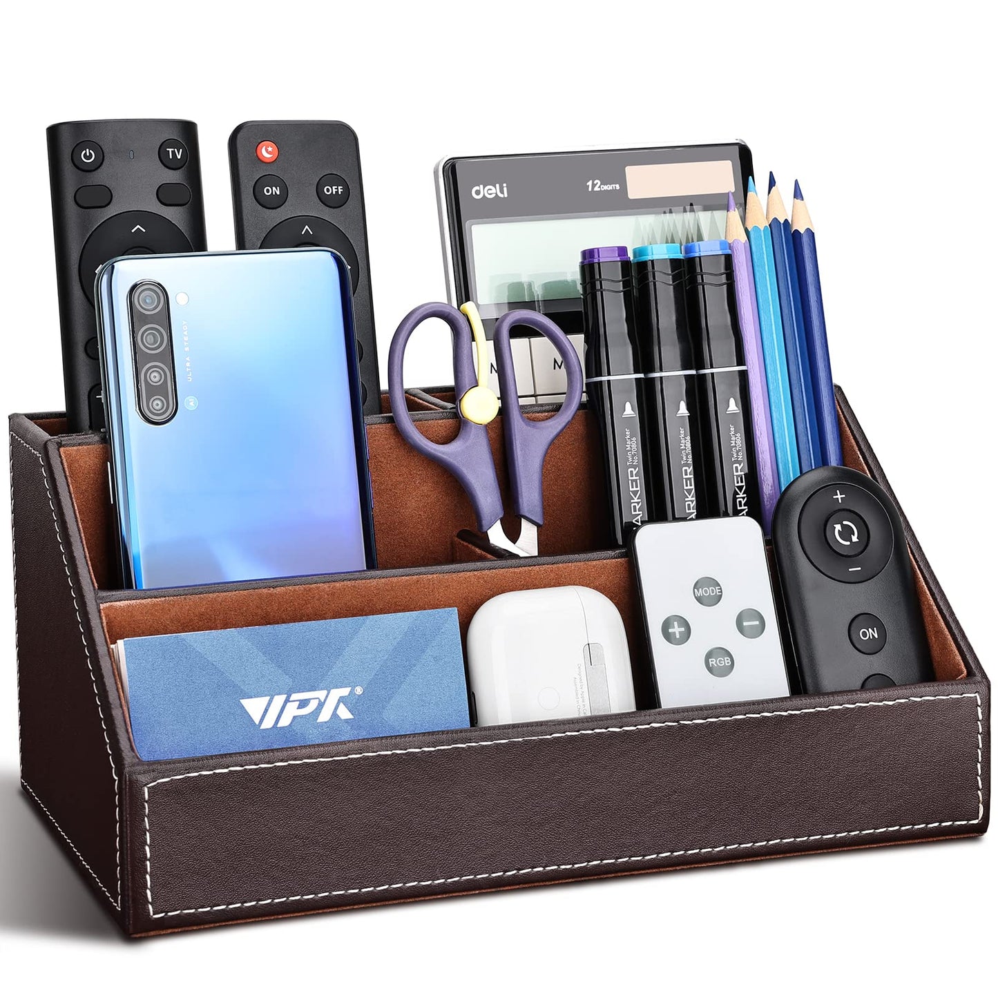 KINGFOM Leatherette Multi-Function Desk Organizer Storage Box, 5 Compartments Office Supplies Caddy, Pen/Pencil, Cell Phone, Business Name Cards, Note Paper, Remote Control Holder Organizer
