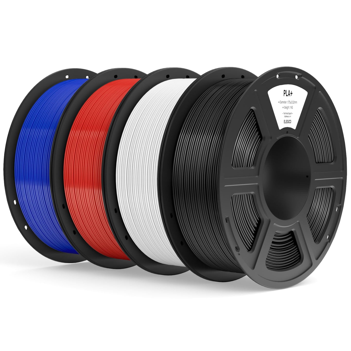 ELEGOO PLA+ Filament 1.75mm Bundle, High Toughness PLA Plus 3D Printer Filament Dimensional Accuracy +/- 0.02mm, 4pcs 1kg Spool(2.2lbs) Fits for Most FDM 3D Printes Black/White/True Red/Dark Blue