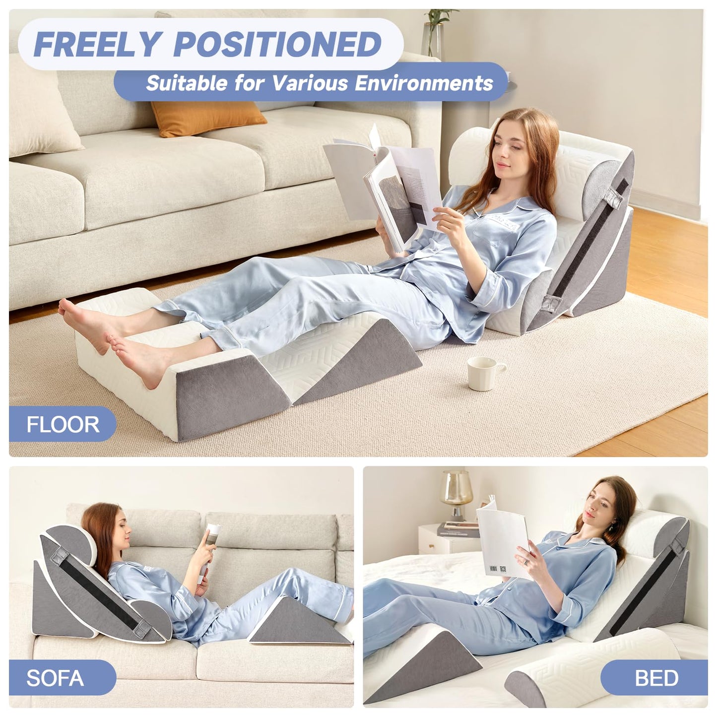 6pcs Orthopedic Bed Wedge Pillow Set for Sleeping, Post Surgery Foam for Body, Back and Leg Pain Relief Comfortable & Adjustable Support Pillows-Anti Snoring, Heartburn, Acid Reflux & GERD Sleeping