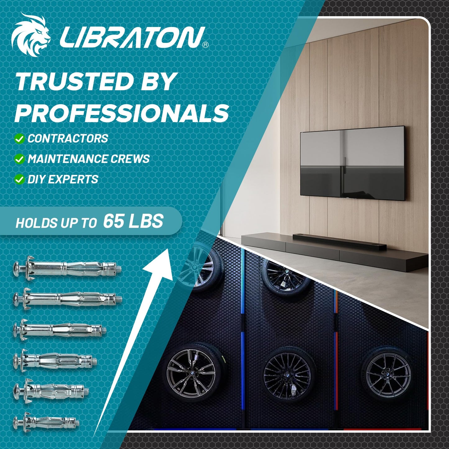 LIBRATON Molly Bolts for Drywall & Plaster Walls (0.12"-1.52"), 30PCS in 6 Sizes with Setting Tool, Heavy Duty Hollow Wall Metal Anchors Screws Kit, Holds Up to 65lbs, for TV, Shelf, Mirror